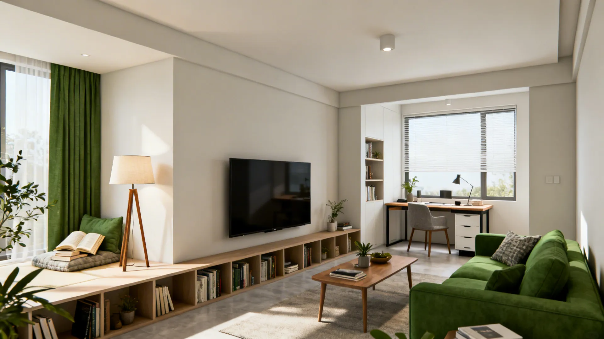 Small living room divided into TV lounge, reading corner, and a compact desk using low shelving