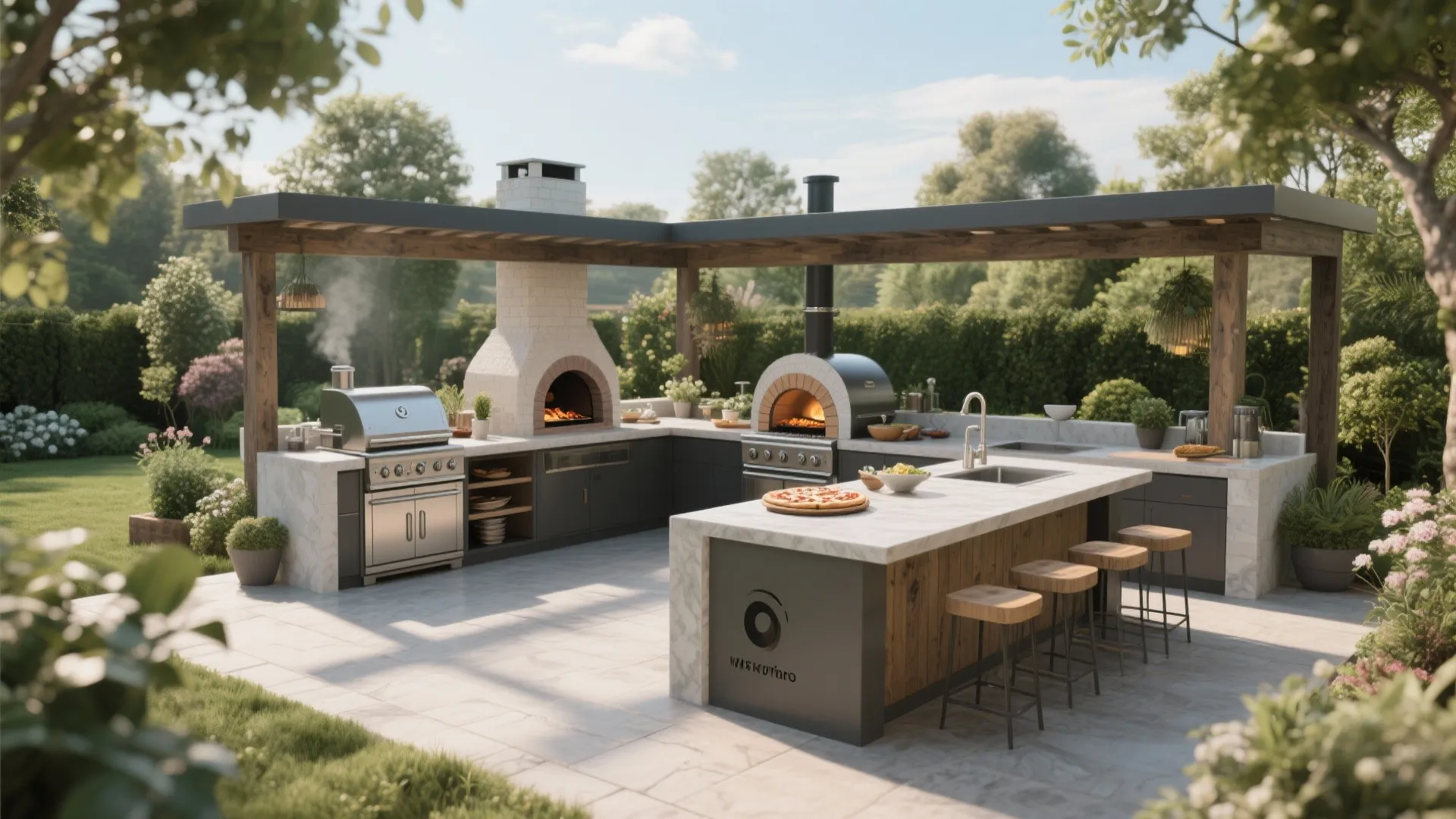 Modern outdoor kitchen with pizza oven grill island stools wooden roof and green garden background