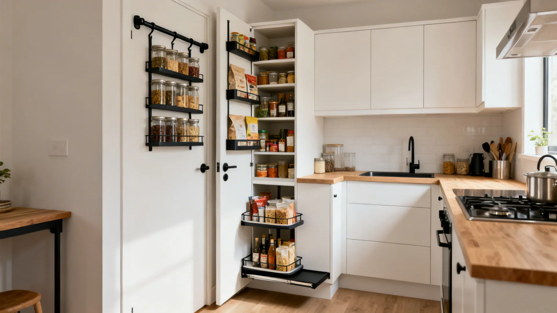 Multi-zone small kitchen pantry with wall rail, door rack, and a corner carousel in a cohesive style.