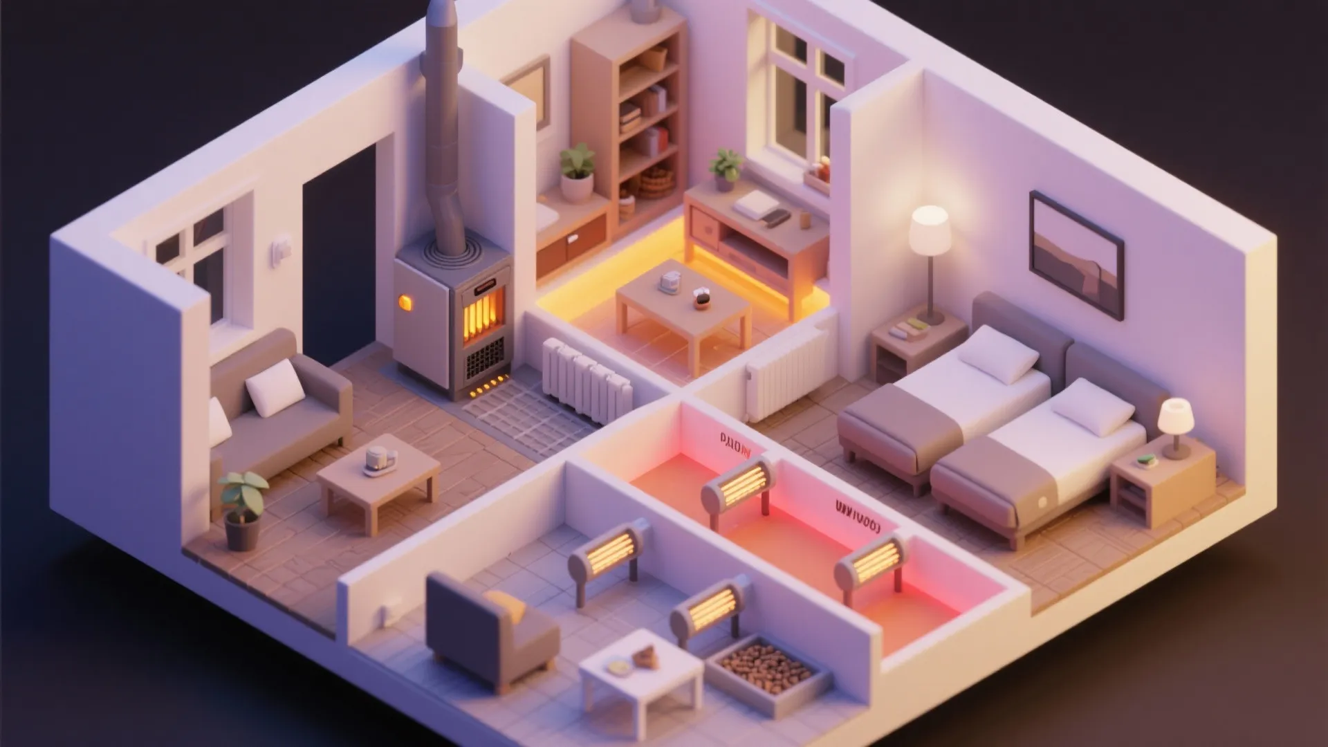 Small 3D apartment model showing heating zones in living room bedroom and bathroom layout design