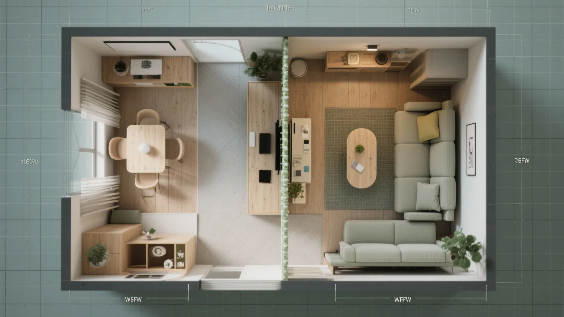 Top view interior design drawing of a studio apartment with dining area and living room