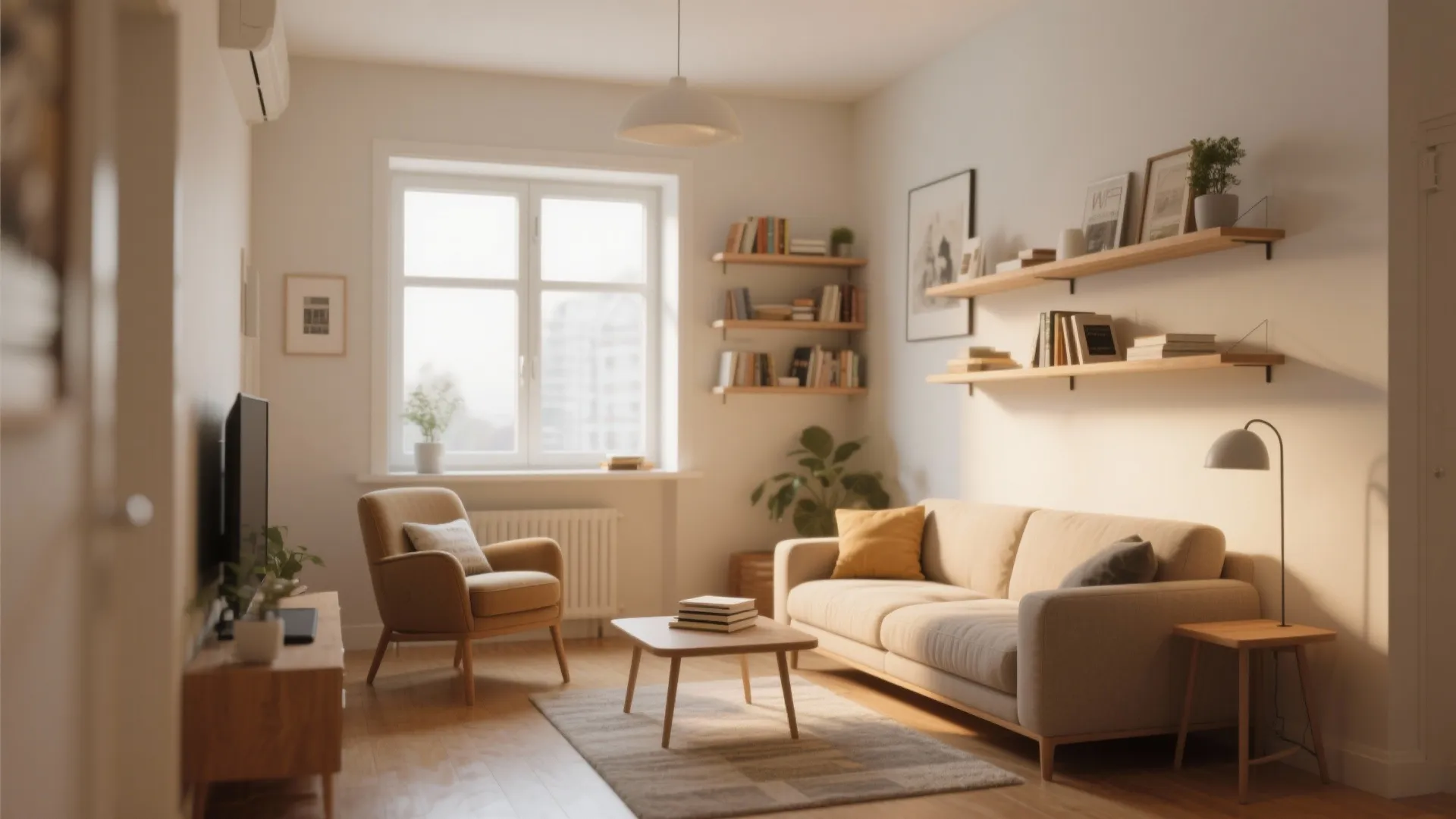 Cozy living room with beige sofa, wooden coffee table, bookshelves, armchair, and bright window light