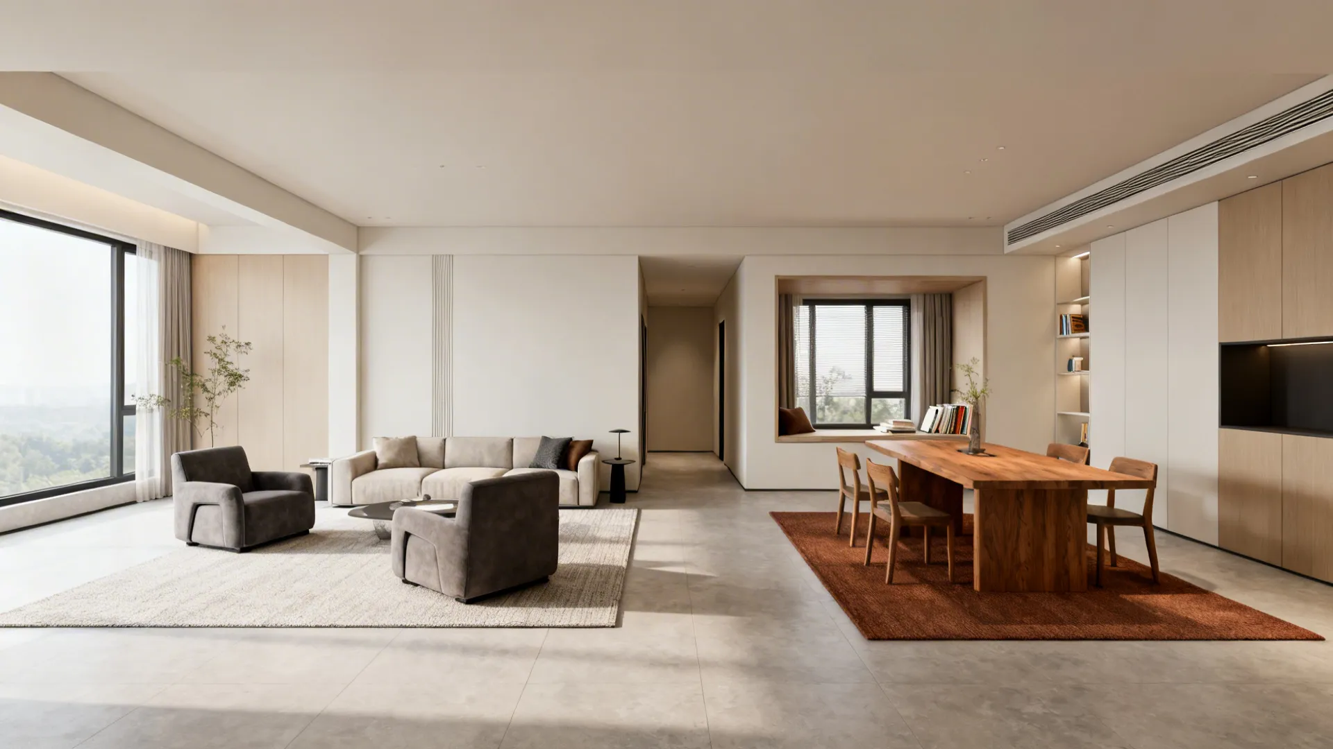 Open-plan living room with two rugs defining seating and dining/reading zones.