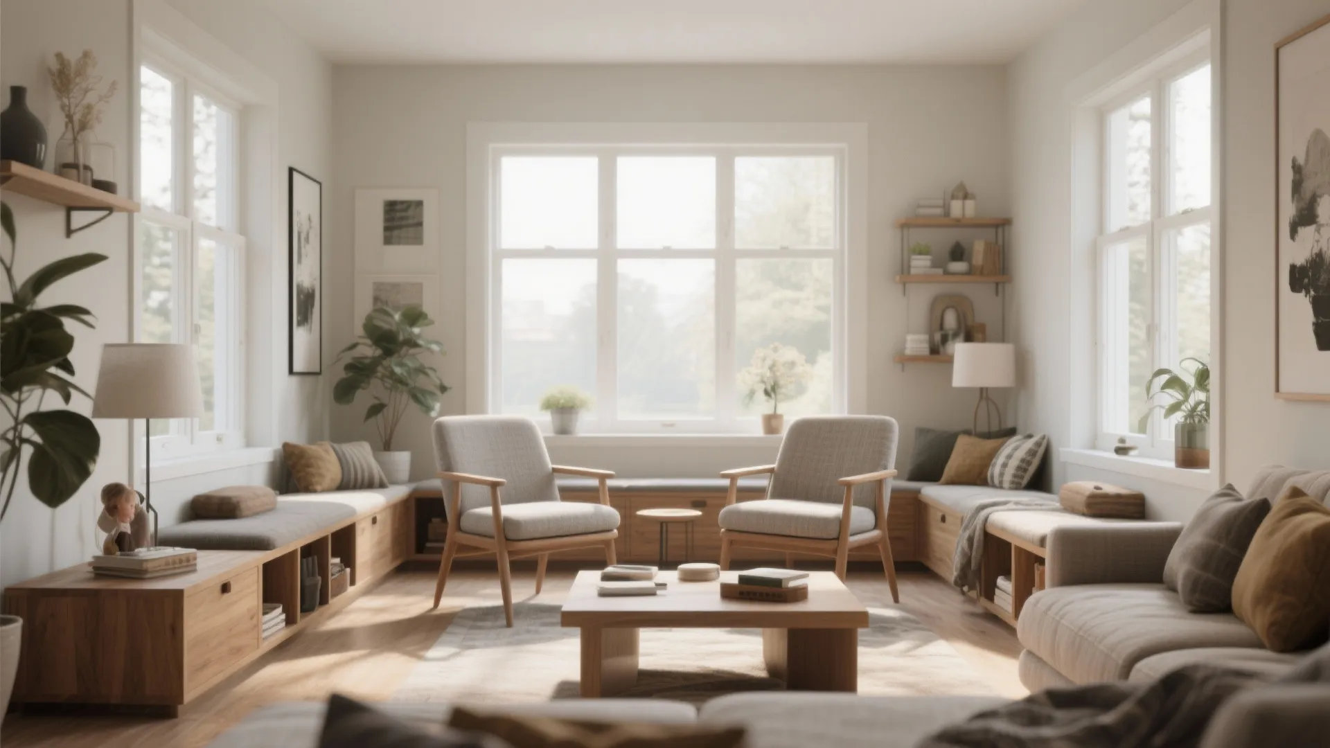 5. Multi-Zone Seating with Two Chairs + Paired Benches