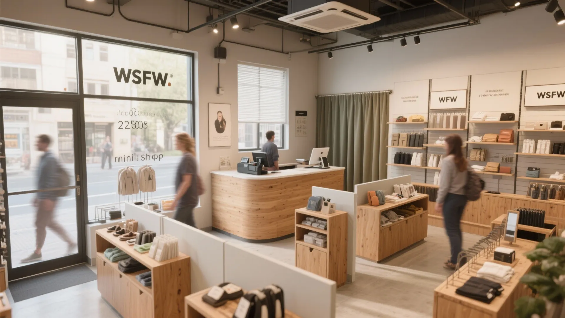 Modern retail store with wooden display shelves wooden checkout counter glass front door and customers