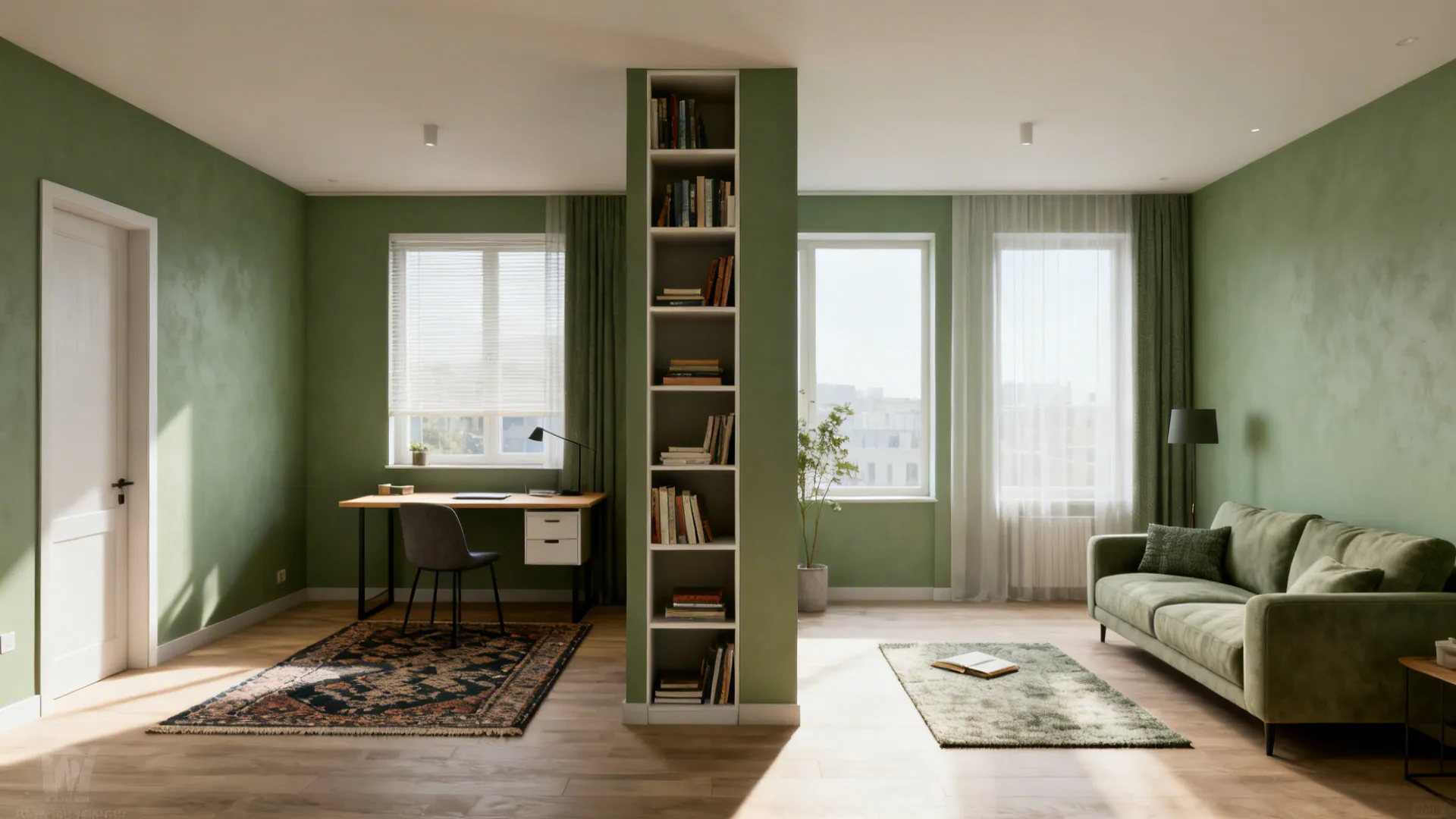 Studio living room divided into lounging, working, and shelving zones with cohesive colors.