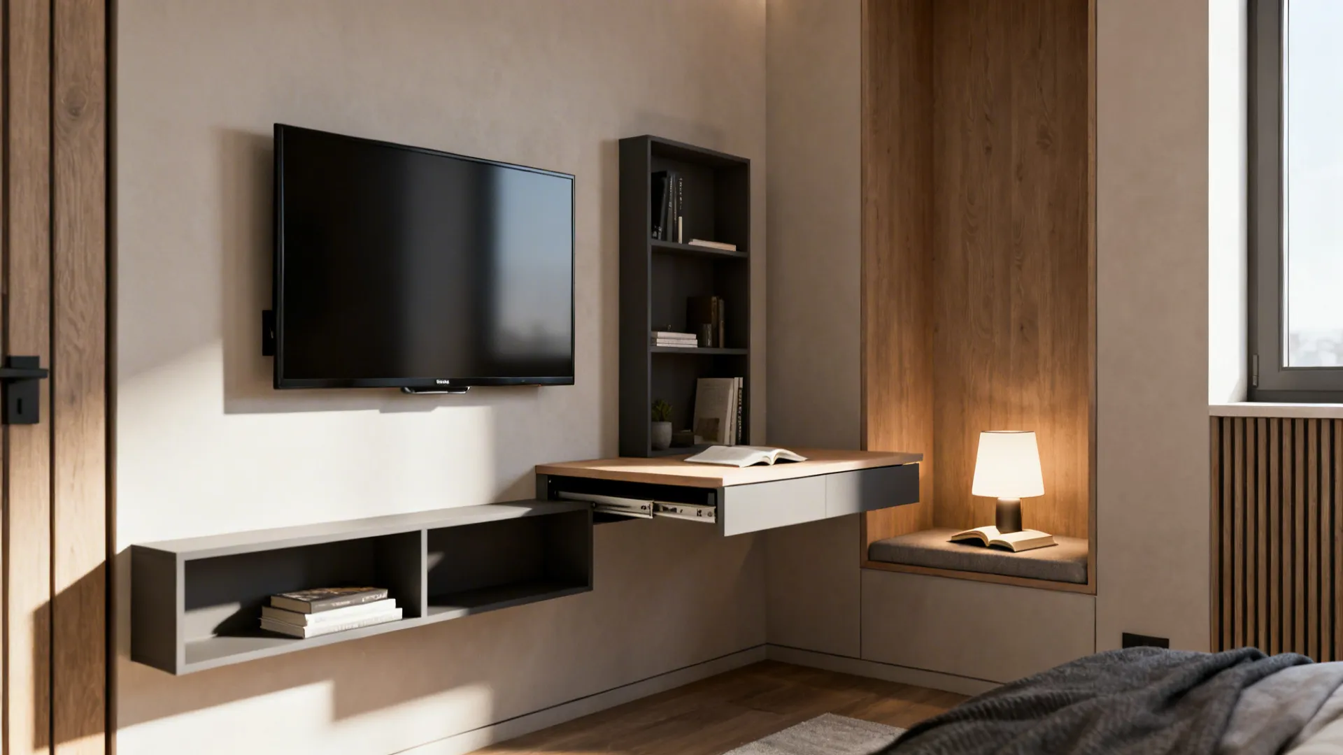 Small studio wall combining a TV, pull-out desk, and shelves to create multiple zones