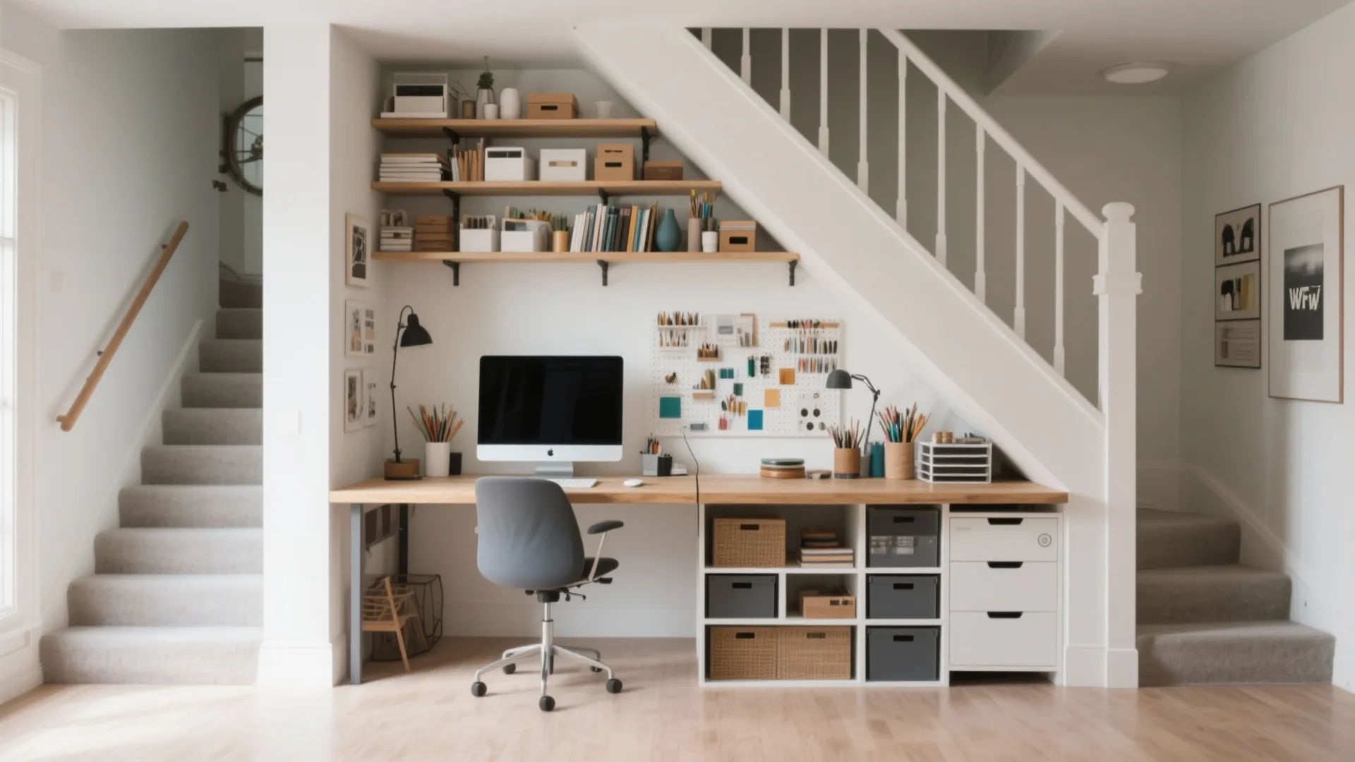 Large workspace under white stairs with long desk computer chair wall shelves and storage bins