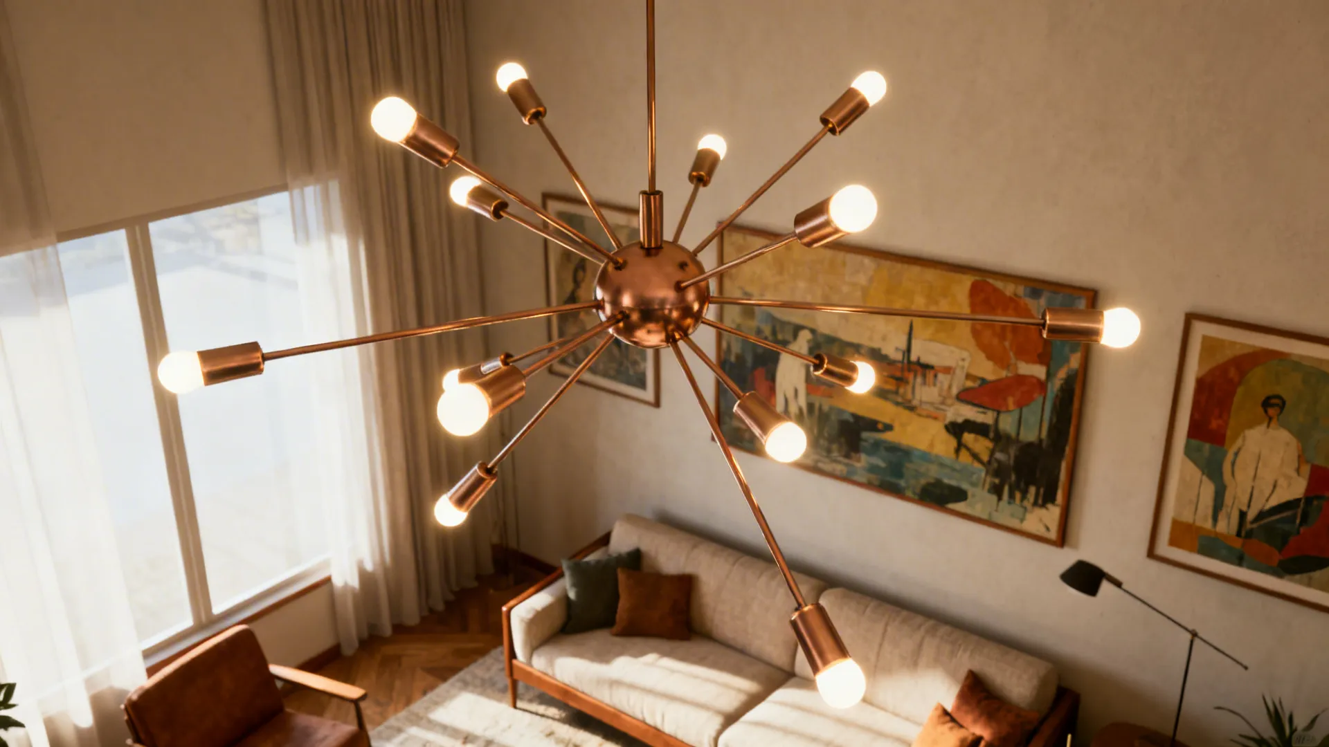 Mid-century living room with a multi-arm sputnik chandelier angled toward seating and artwork.