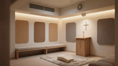 Serene Prayer Room with Warm Wood and Acoustic Panels