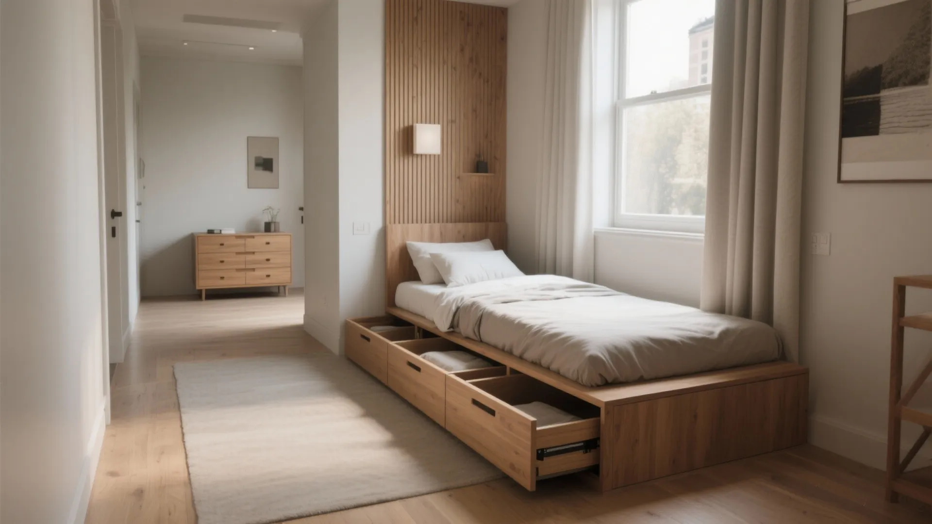 Minimalist wooden bed frame with built in storage drawers and matching wall panel in bedroom