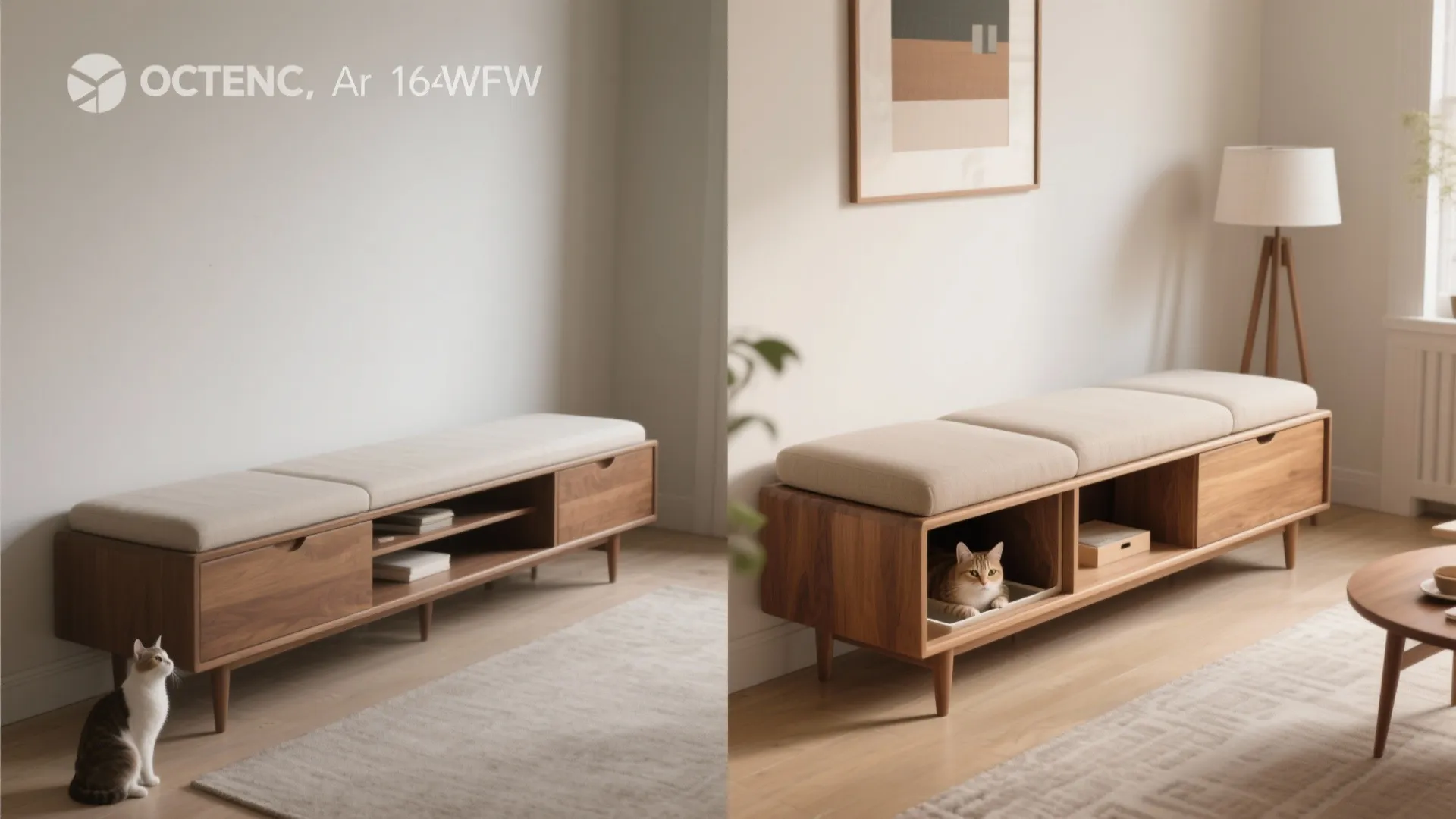 Before-and-after of a storage bench retrofitted with a concealed cat cubby and removable insert.