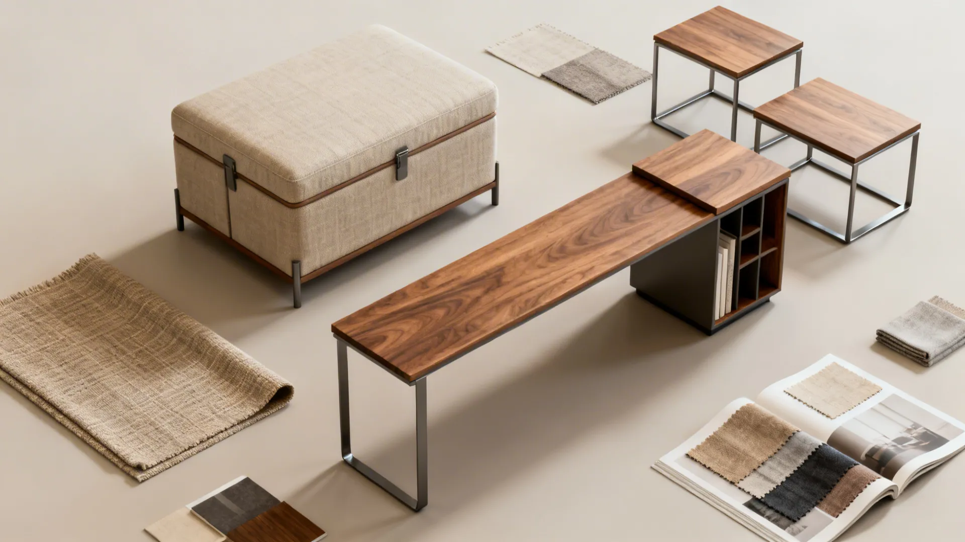 Flatlay of multifunctional furniture pieces and material samples for small rooms.
