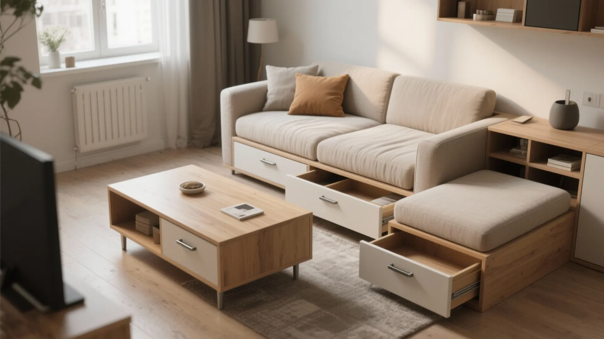Beige sofa with built in storage drawers next to a wooden coffee table and footrest
