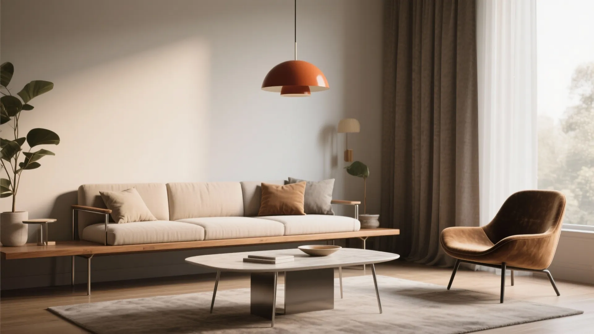 Modern living room featuring a long cream sofa orange ceiling light marble table and brown chair