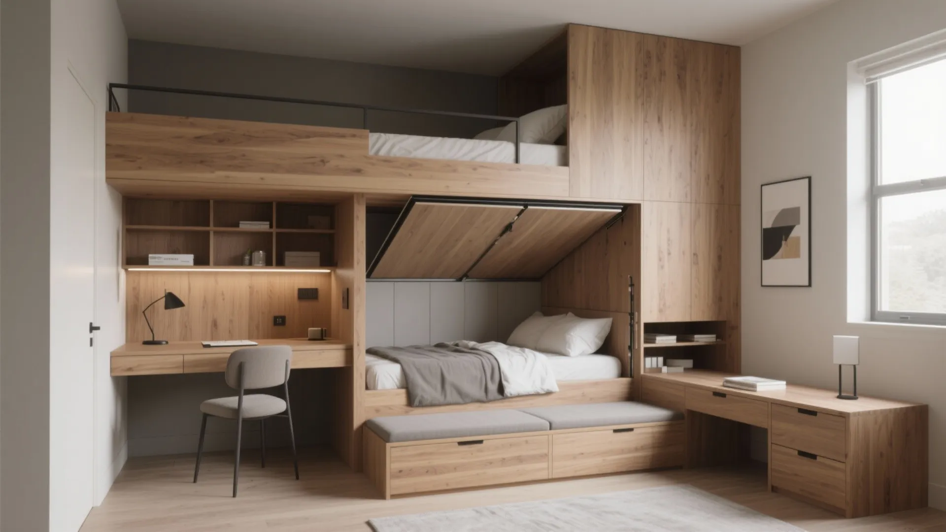 Tiny bedroom interior with a loft bed and integrated desk, Murphy shelving and hidden storage solutions.