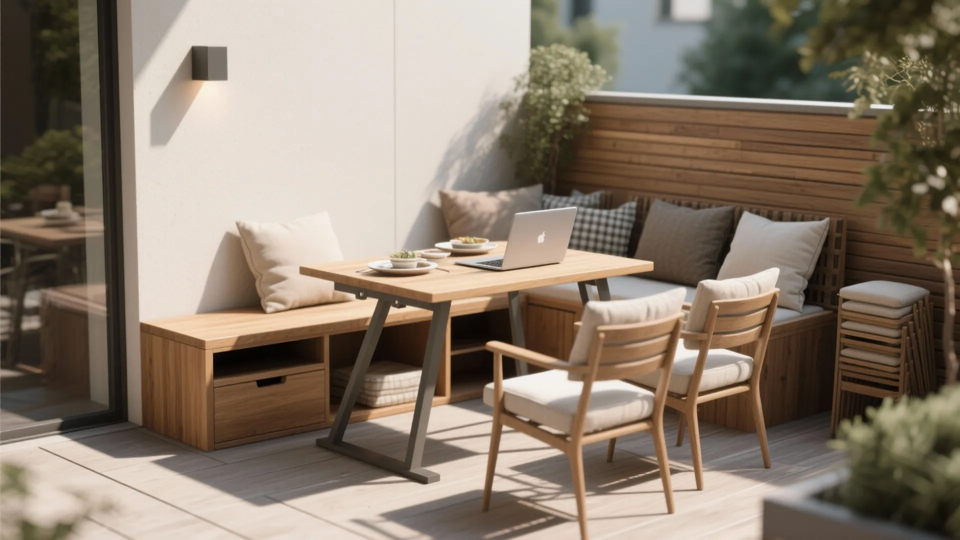 Small balcony with wooden bench storage table and laptop create a functional outdoor home office