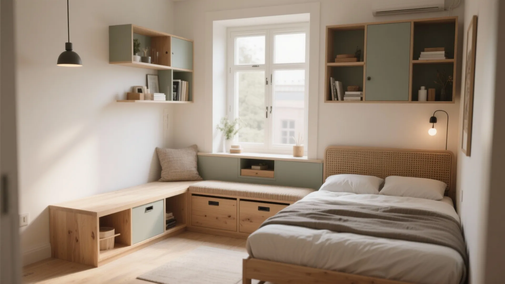 Small bedroom featuring light wood furniture with built in storage benches and green wall cabinets