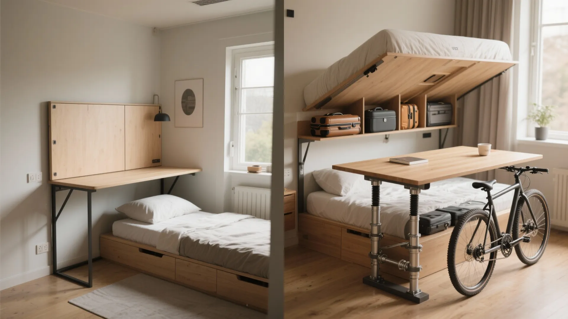 Modern small bedroom featuring a clever folding desk and a raised bed with storage underneath