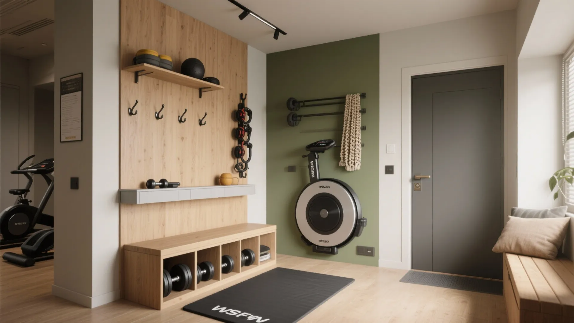 Home gym with wooden wall panel dumbbells in storage cabinet stationary bike and green wall