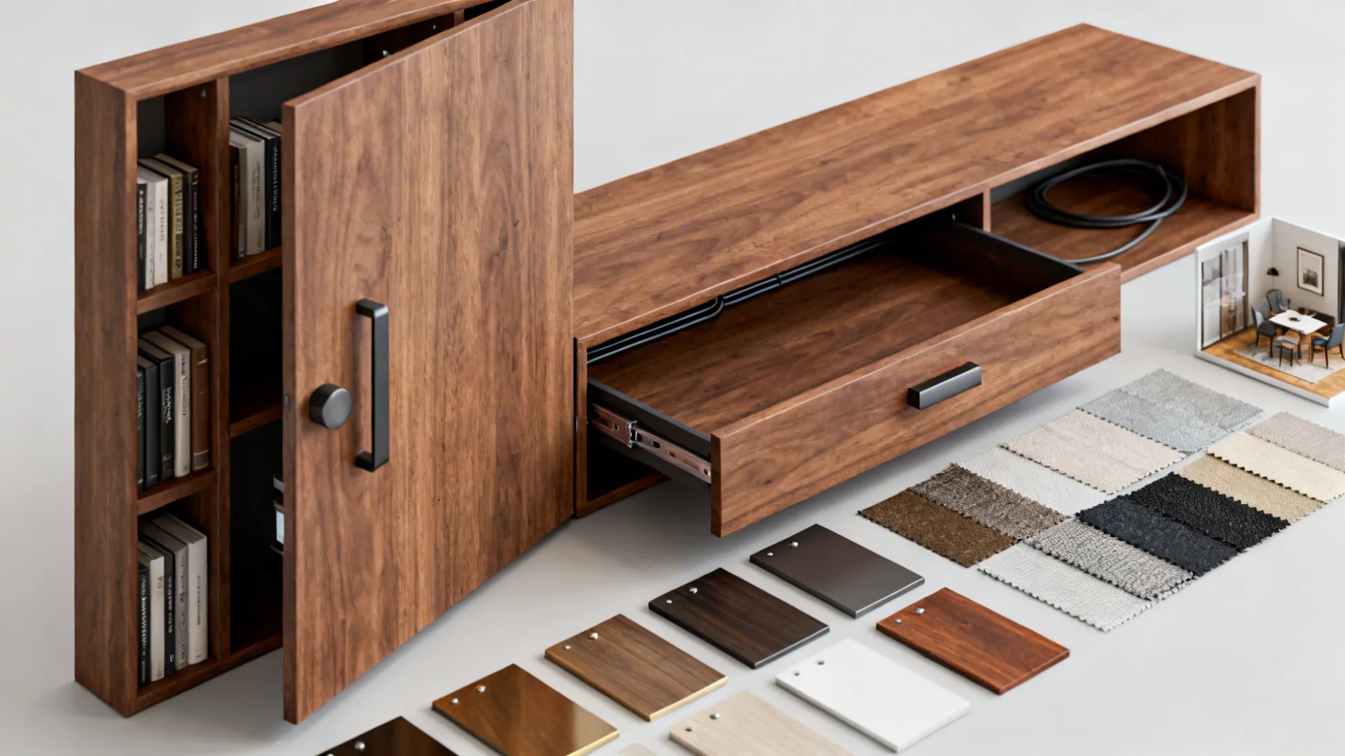Multi-functional furniture examples including a bookshelf with hinged door and a console with retractable front, material swatches shown.