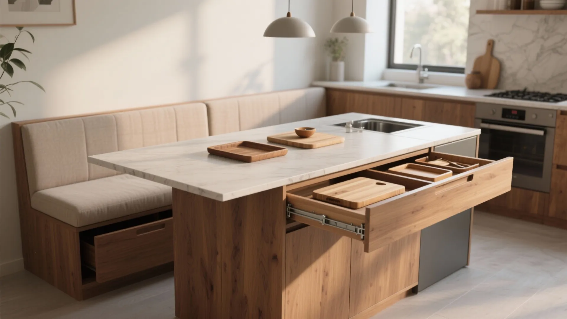 Wooden kitchen island with marble top open drawer showing organized wooden trays and built in seating