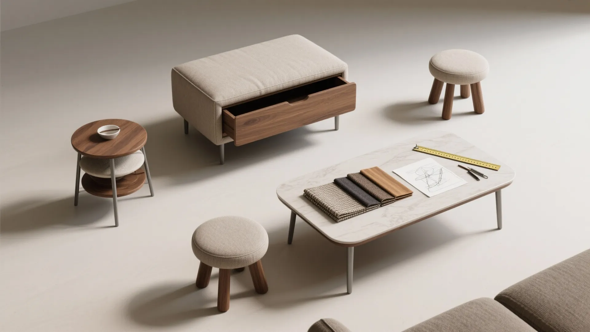 Collection of modern furniture including footrest with drawer coffee table small stools and fabric samples