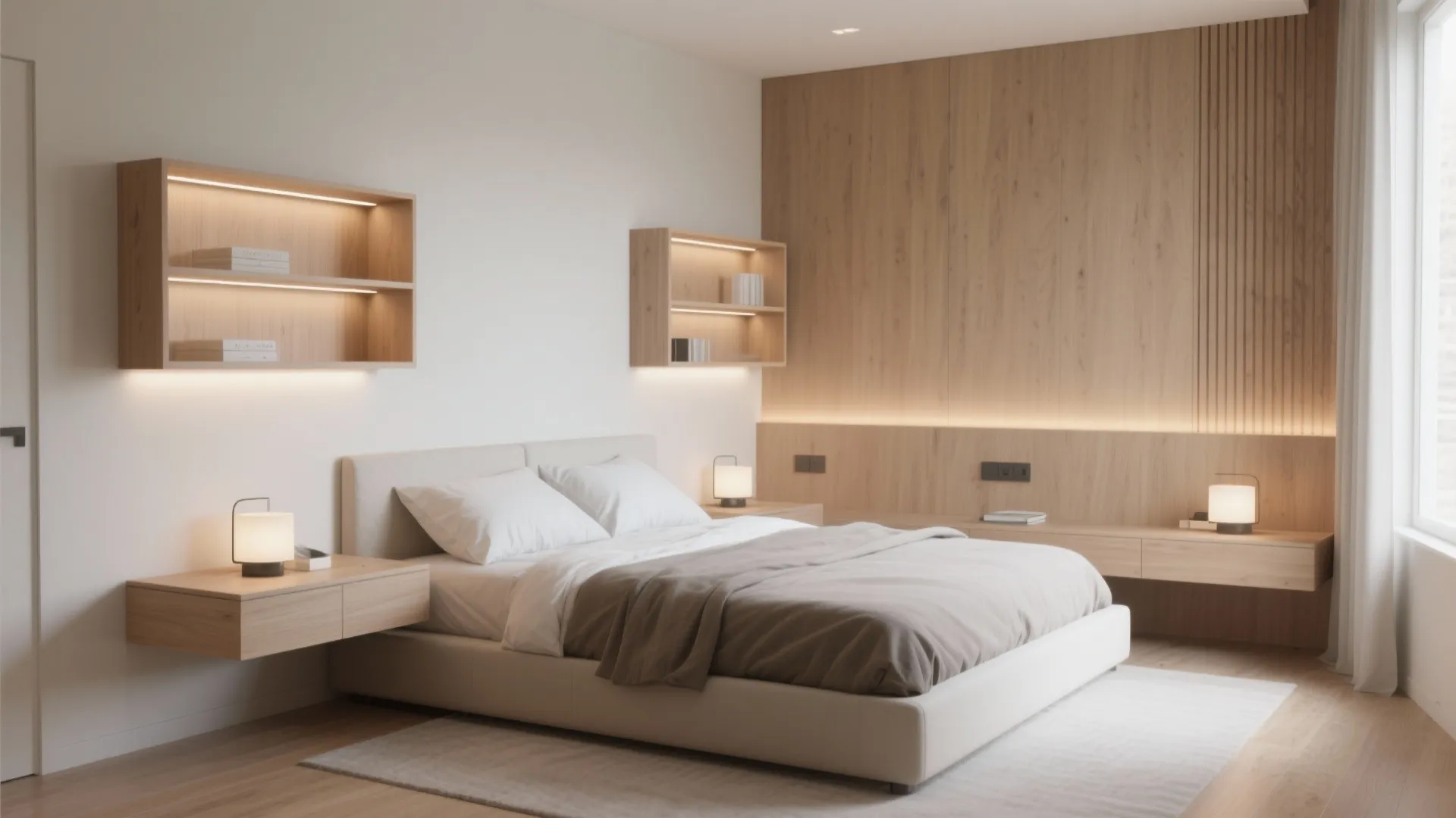 Modern bedroom with wooden wall panels floating shelves small table lights and a large comfortable bed