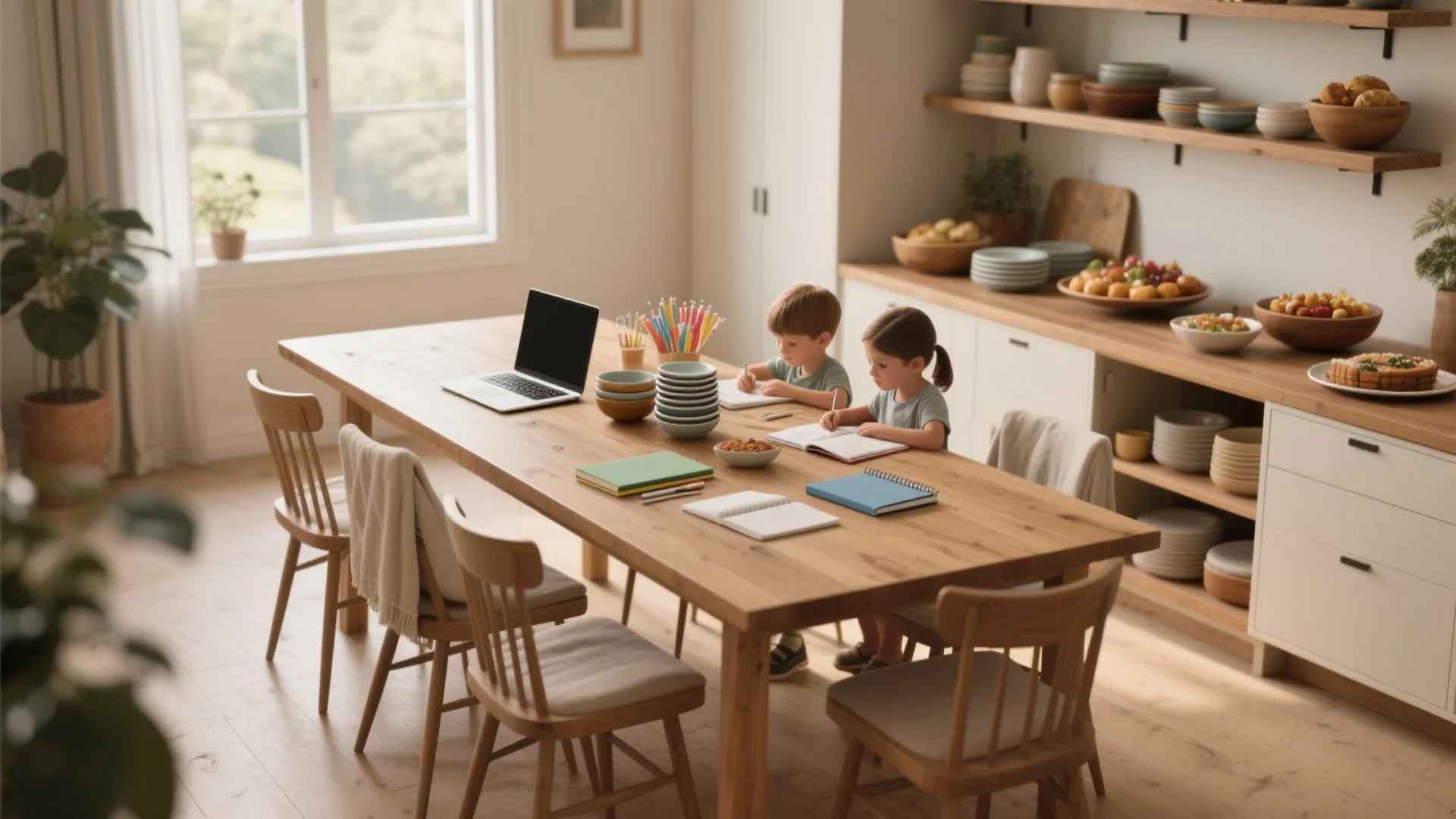 Two young children studying at a large wooden dining table in a bright modern kitchen