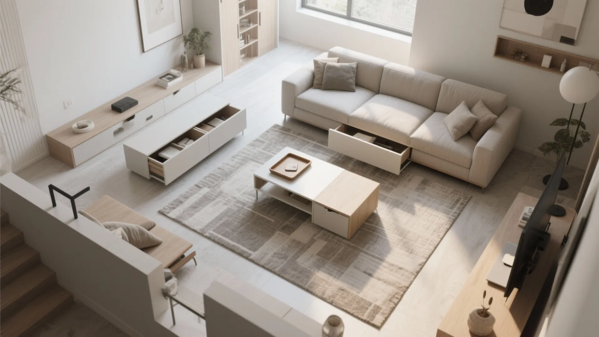 Top-down view of a small living room layout featuring low-profile sofa with storage and a slim multipurpose coffee table.