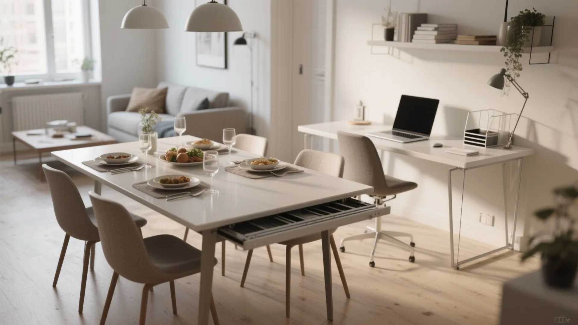 Extendable dining table serving as both work surface and dining area in a compact studio.