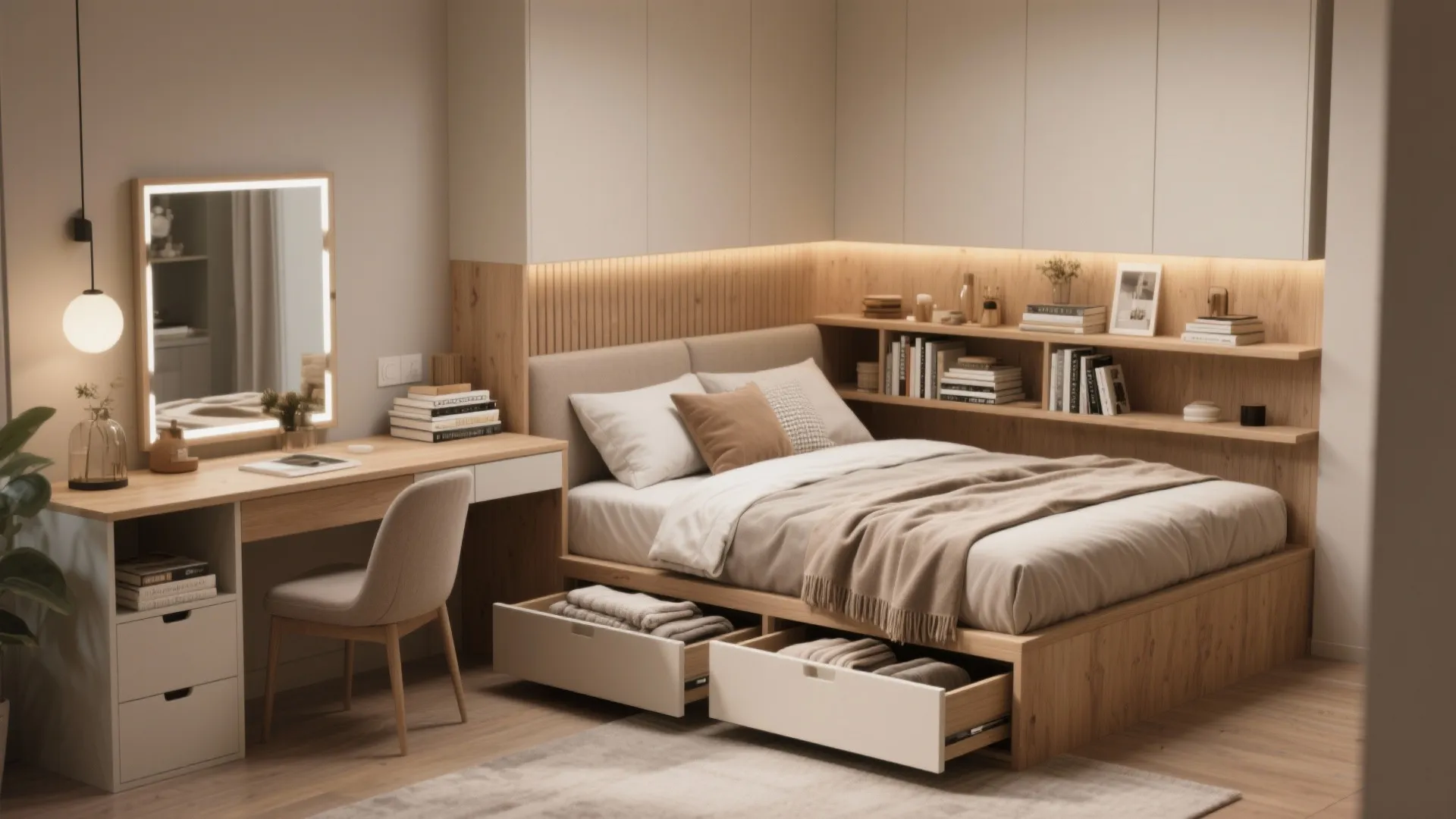 Modern bedroom with storage bed wood wall panel desk with mirror and light fixture setup