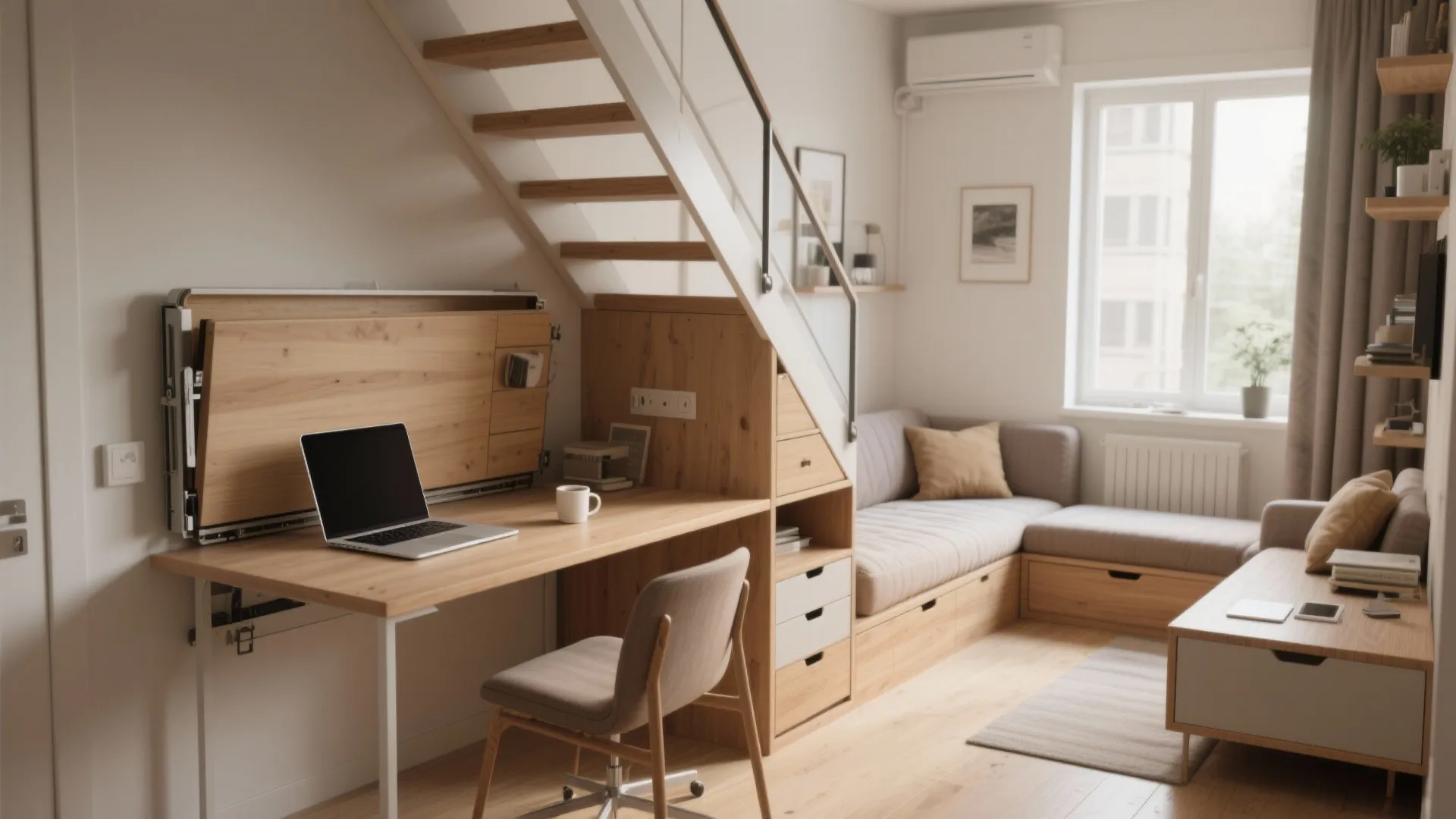 Multifunctional small living space featuring a wooden desk under stairs with sofa and natural light