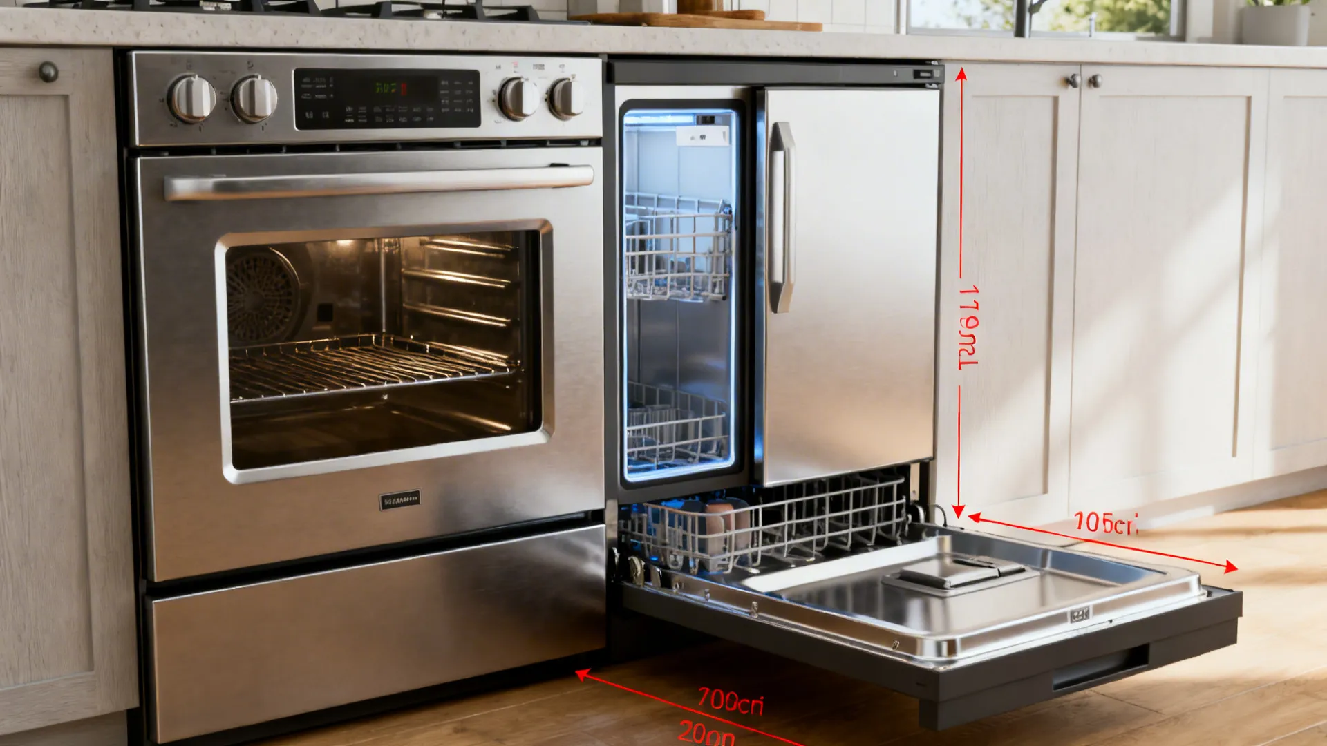 Compact multifunction appliances like combo oven-steam and drawer dishwasher shown as space-saving options.