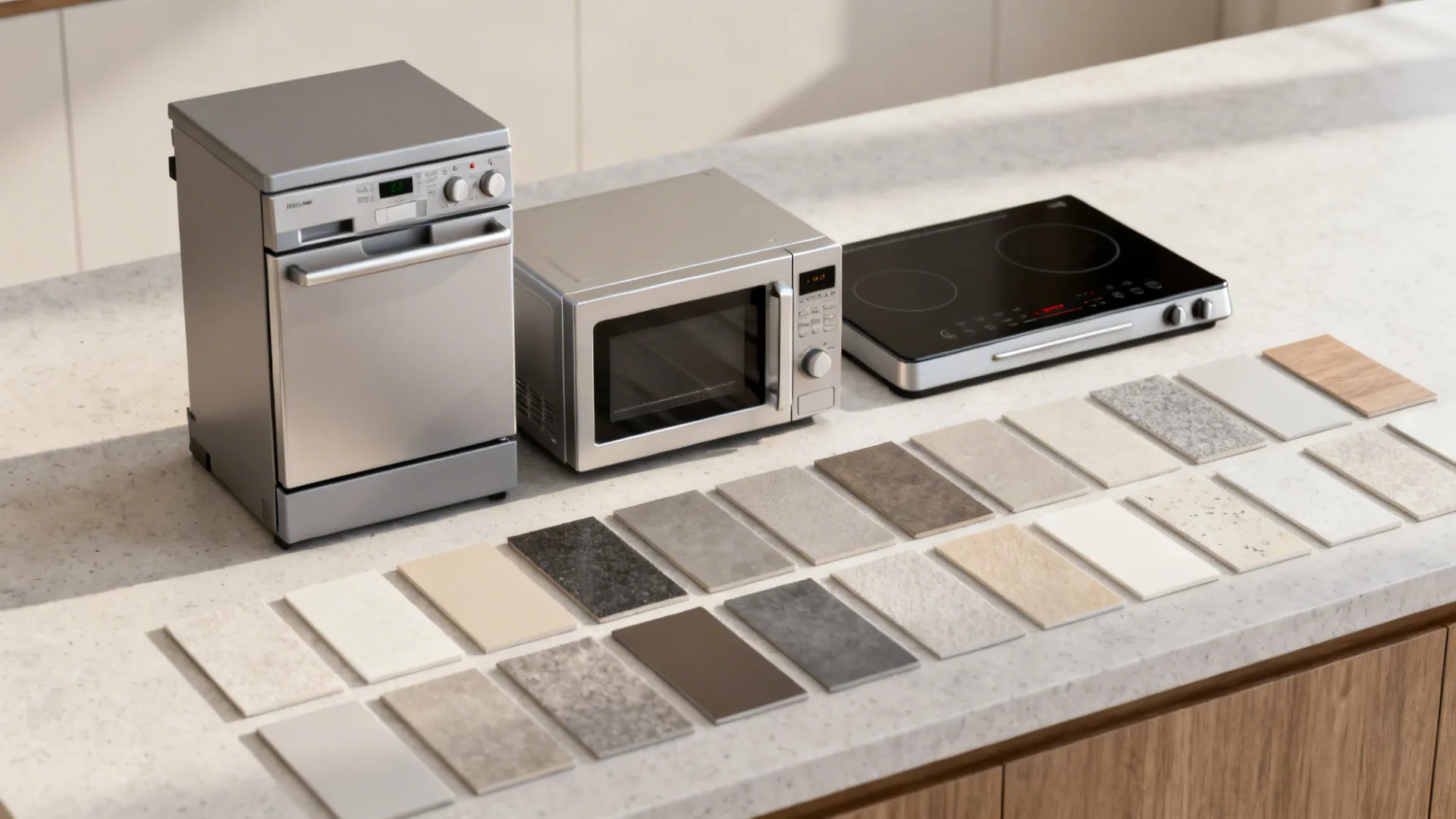 Flatlay of compact multifunctional kitchen appliances and material swatches for a 10x10 remodel.