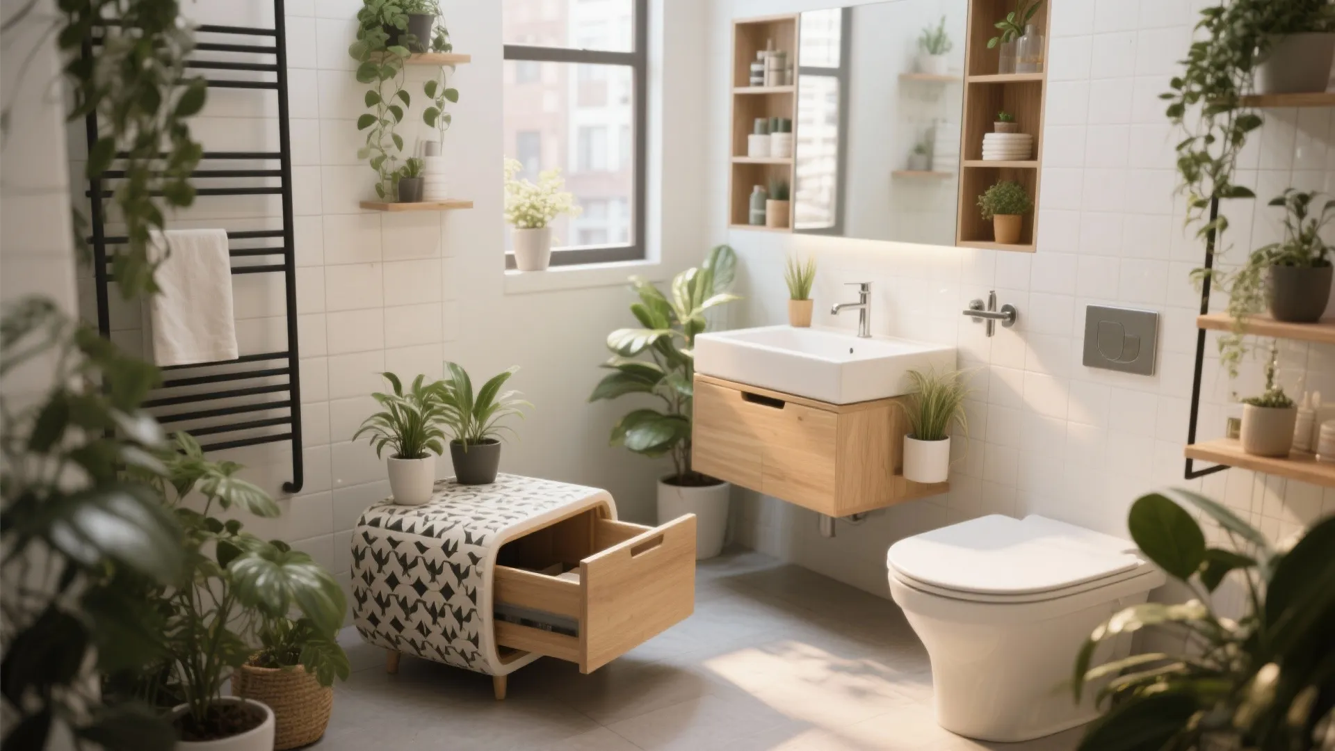 Modern bathroom with white tiles green plants wooden vanity toilet and a patterned storage footrest