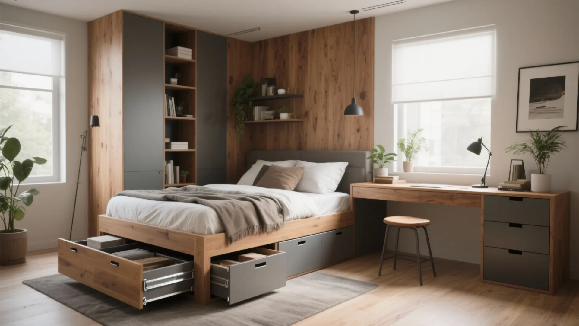 Modern bedroom with wooden storage bed showing open drawers next to a desk and cabinet