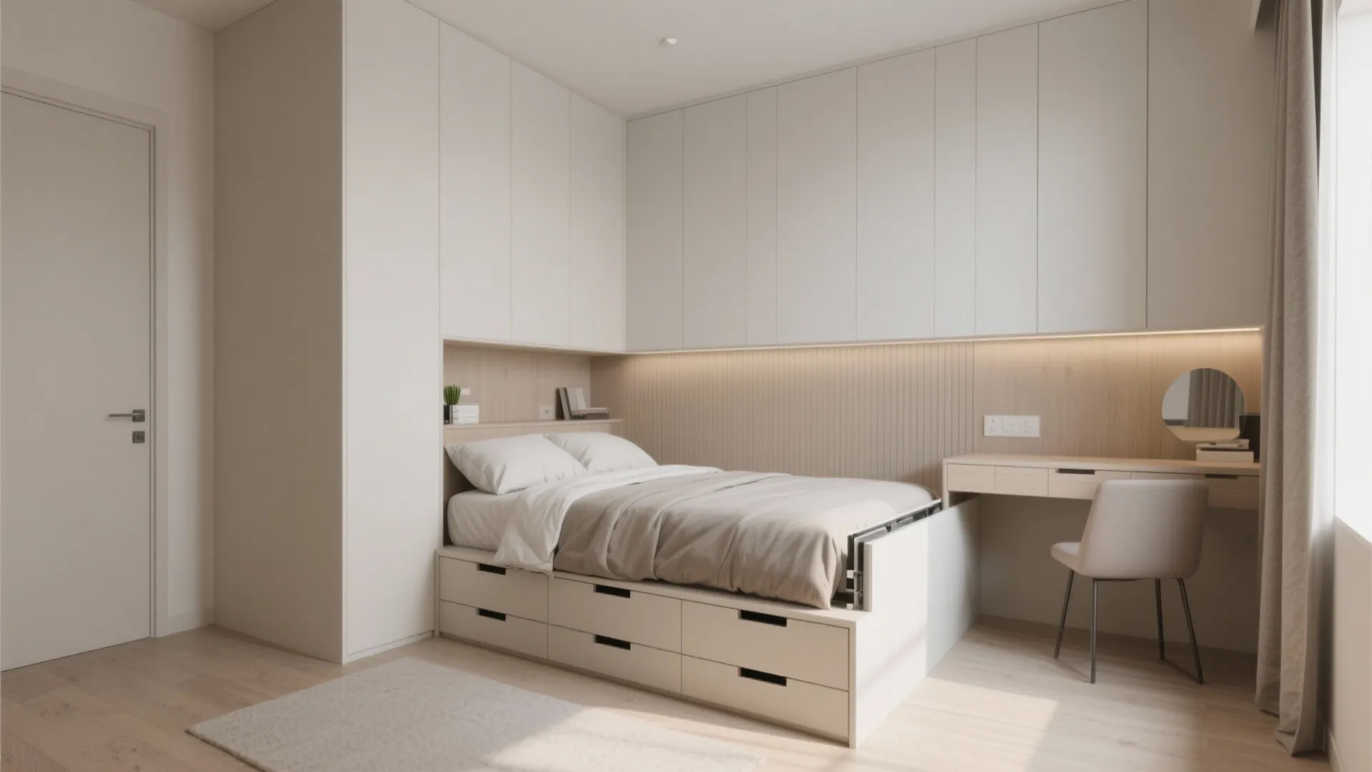 Small bedroom with a bed including storage drawers and a built-in desk with a chair