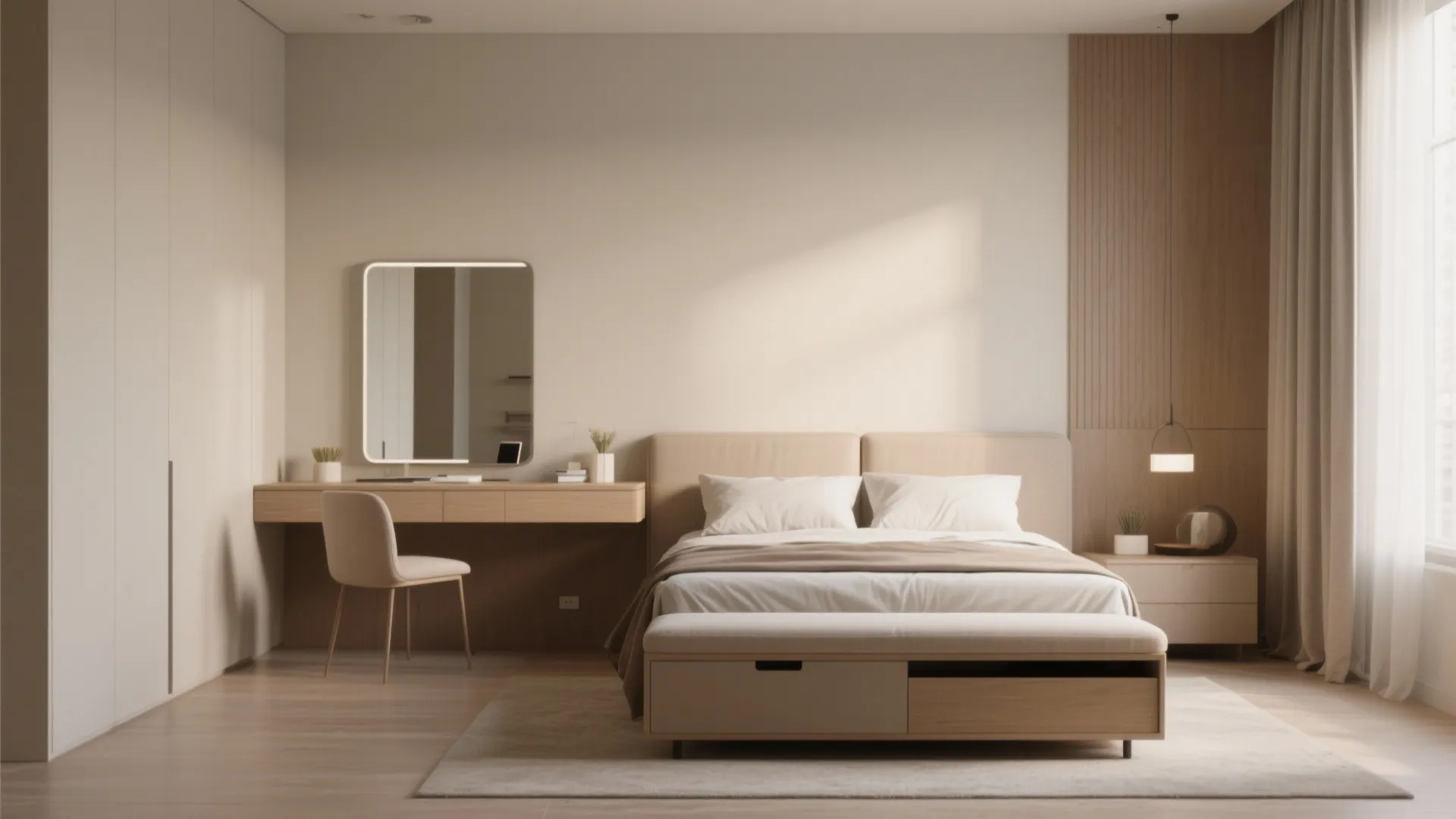 Beige minimalist bedroom with a comfortable bed wooden desk mirror white chair and footrest storage