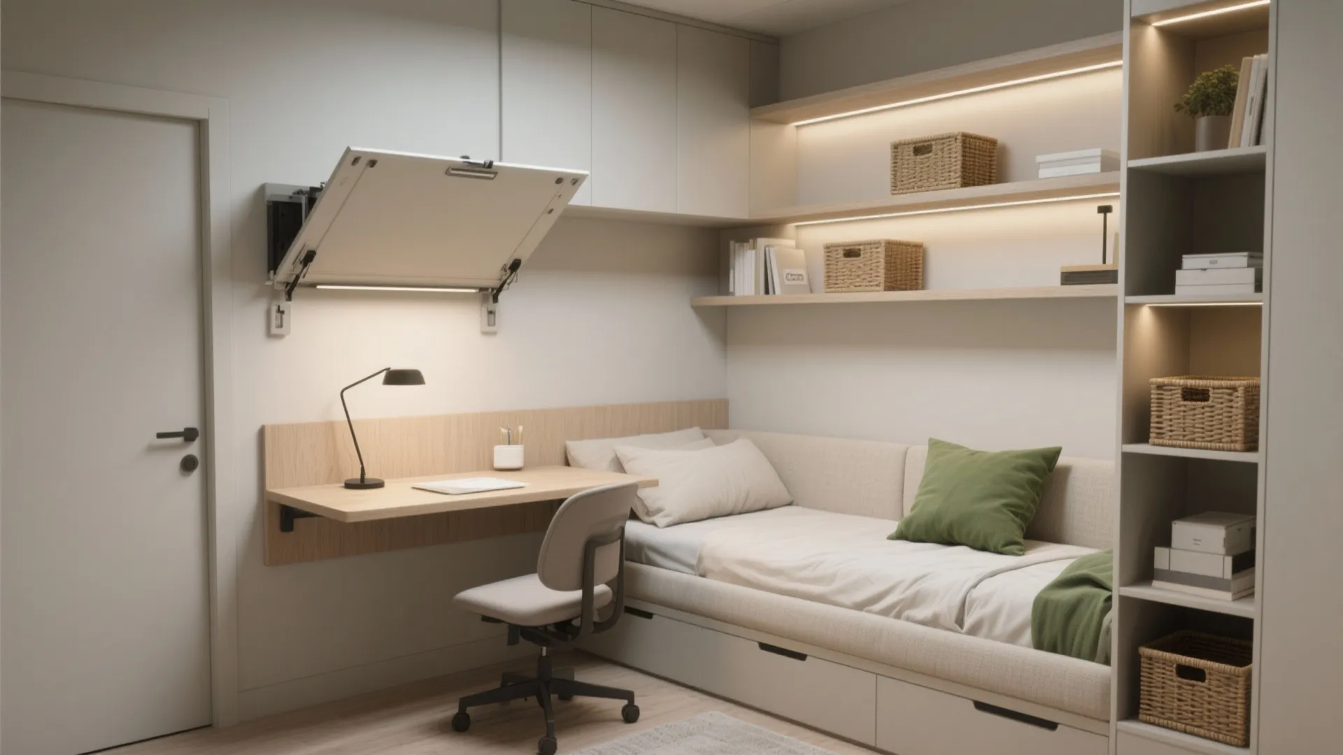 Multifunctional bedroom with a wall-mounted fold-down desk and daybed, showing efficient storage.