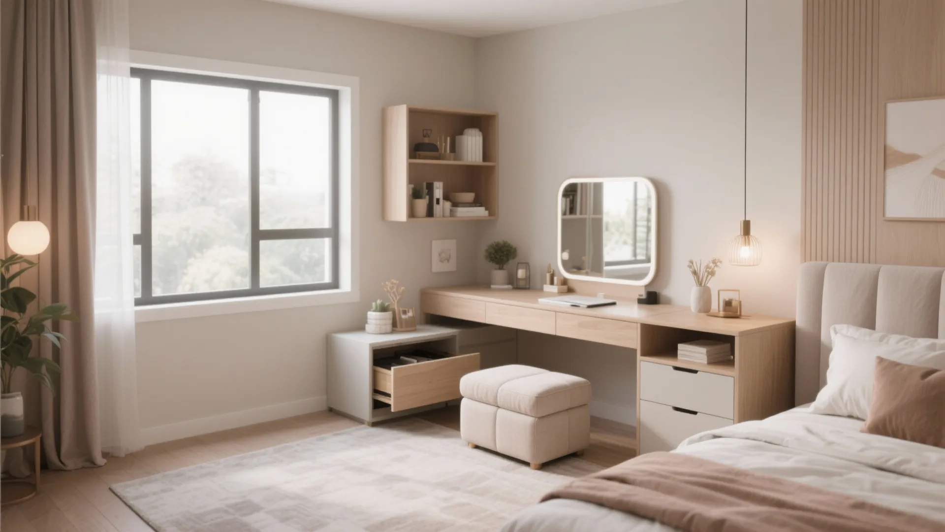 Compact desk and storage ottoman in a bedroom corner