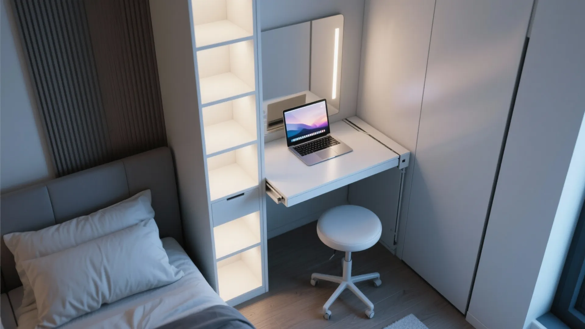 Modern bedroom with integrated white desk shelf unit laptop stool and illuminated mirror furniture design