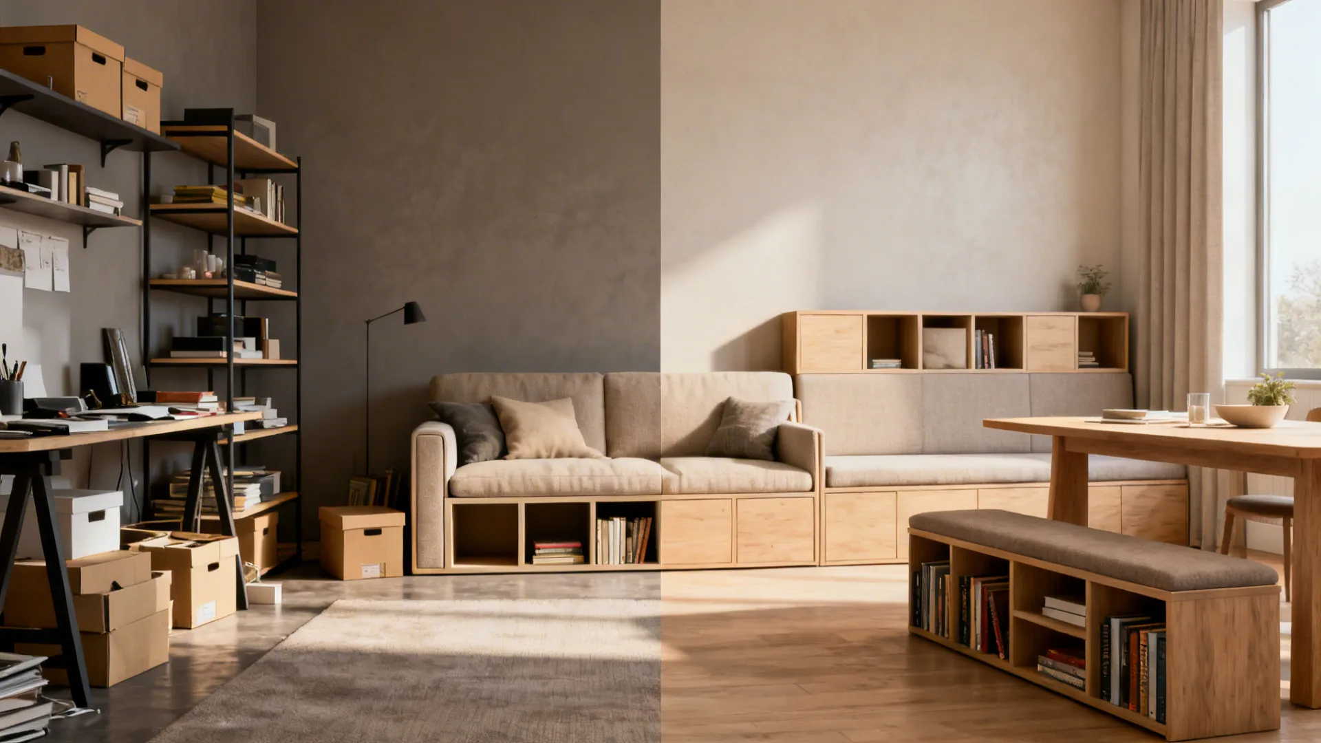 Before-and-after view showing multi-functional furniture with integrated shelving improving a studio layout