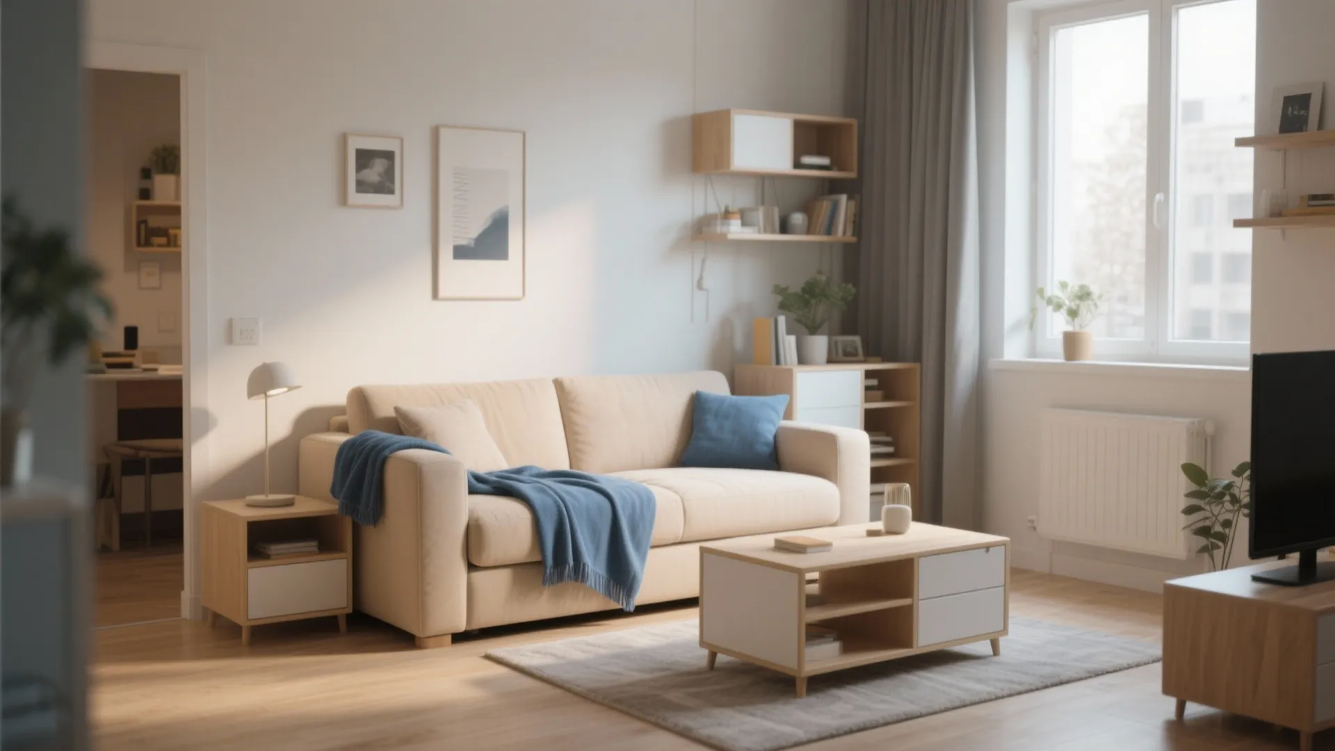 Bright living room featuring beige sofa with blue blanket wooden table shelves and large window view