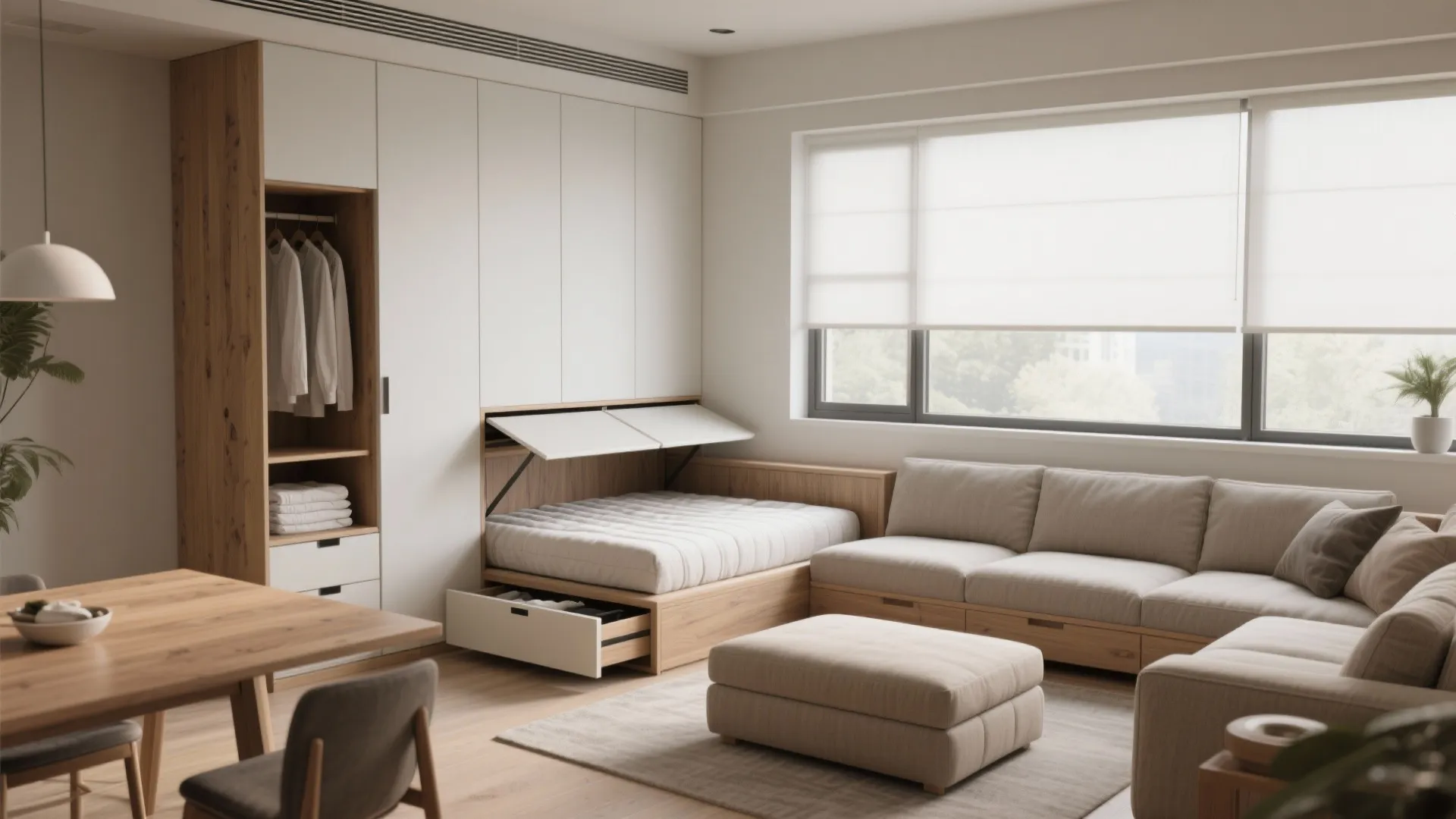 Living room featuring a pull-out bed hidden in white cabinets beige sofa and wooden dining table