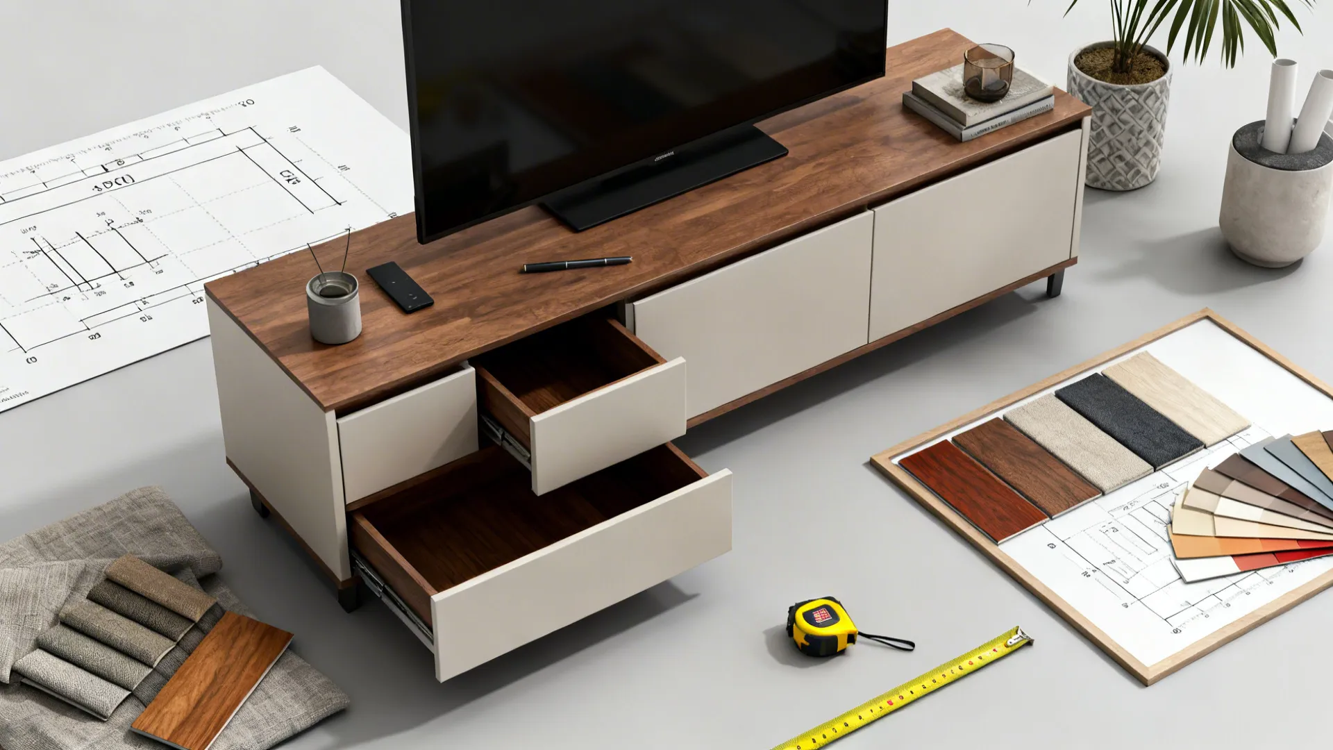 Modern wood and white cabinet with open drawers surrounded by floor plans and material samples