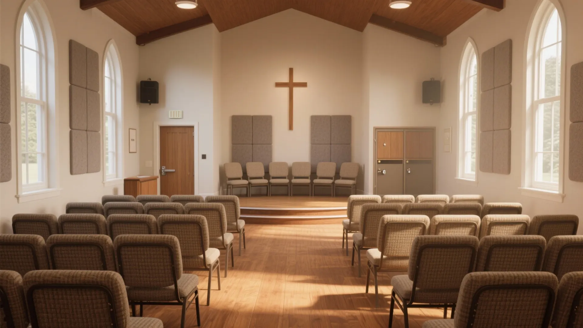 Bright church interior featuring wooden floors rows of brown chairs and a wooden cross wall