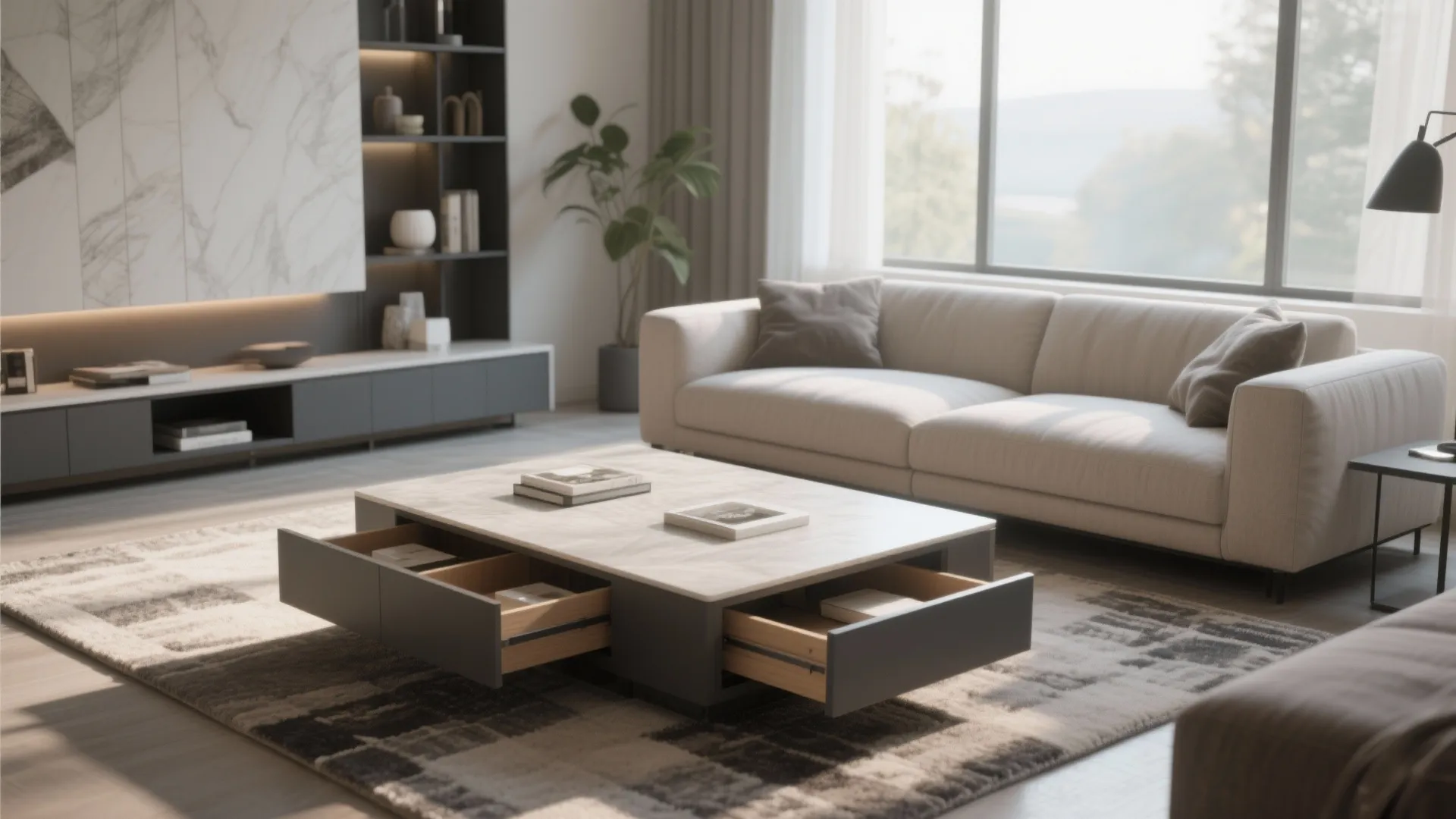 Modern living room featuring a grey coffee table with open drawers on a patterned rug