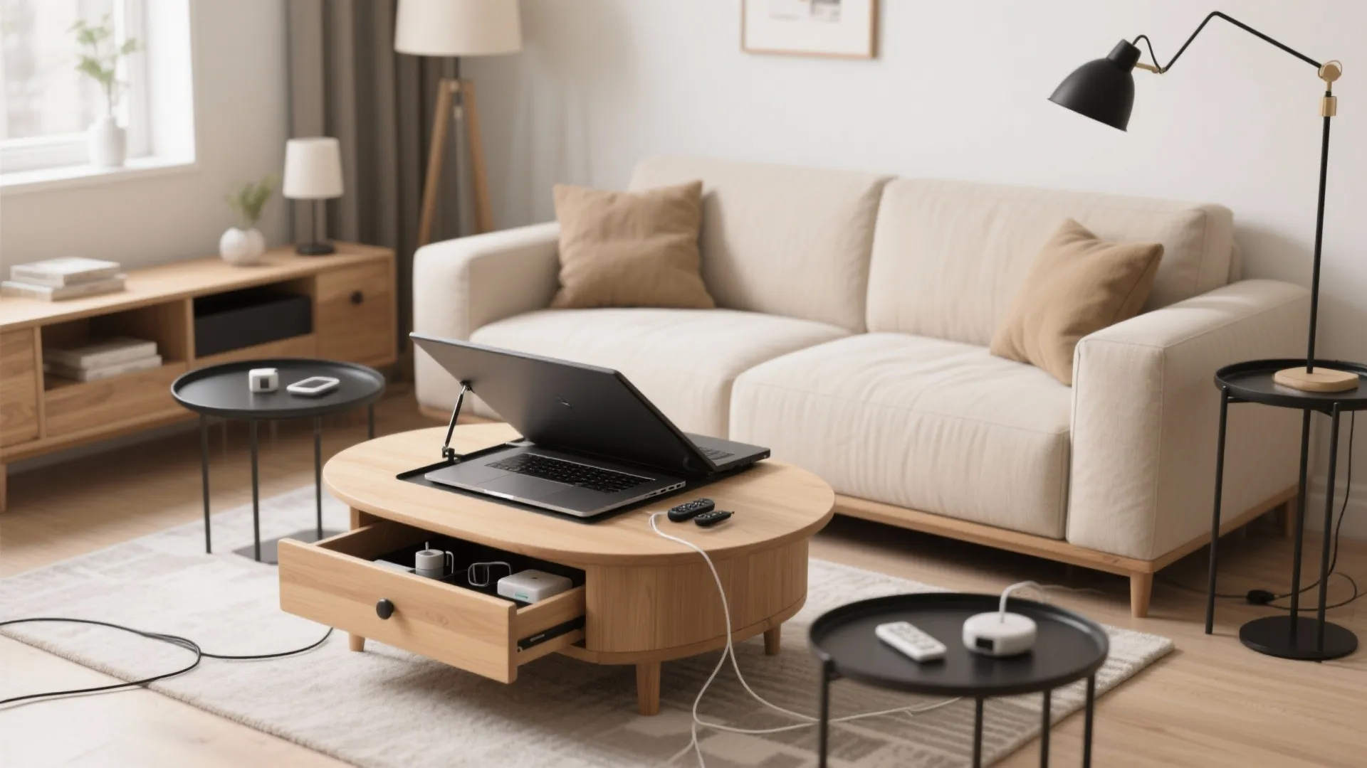Multifunctional wooden coffee table with a laptop on top and an open storage drawer inside