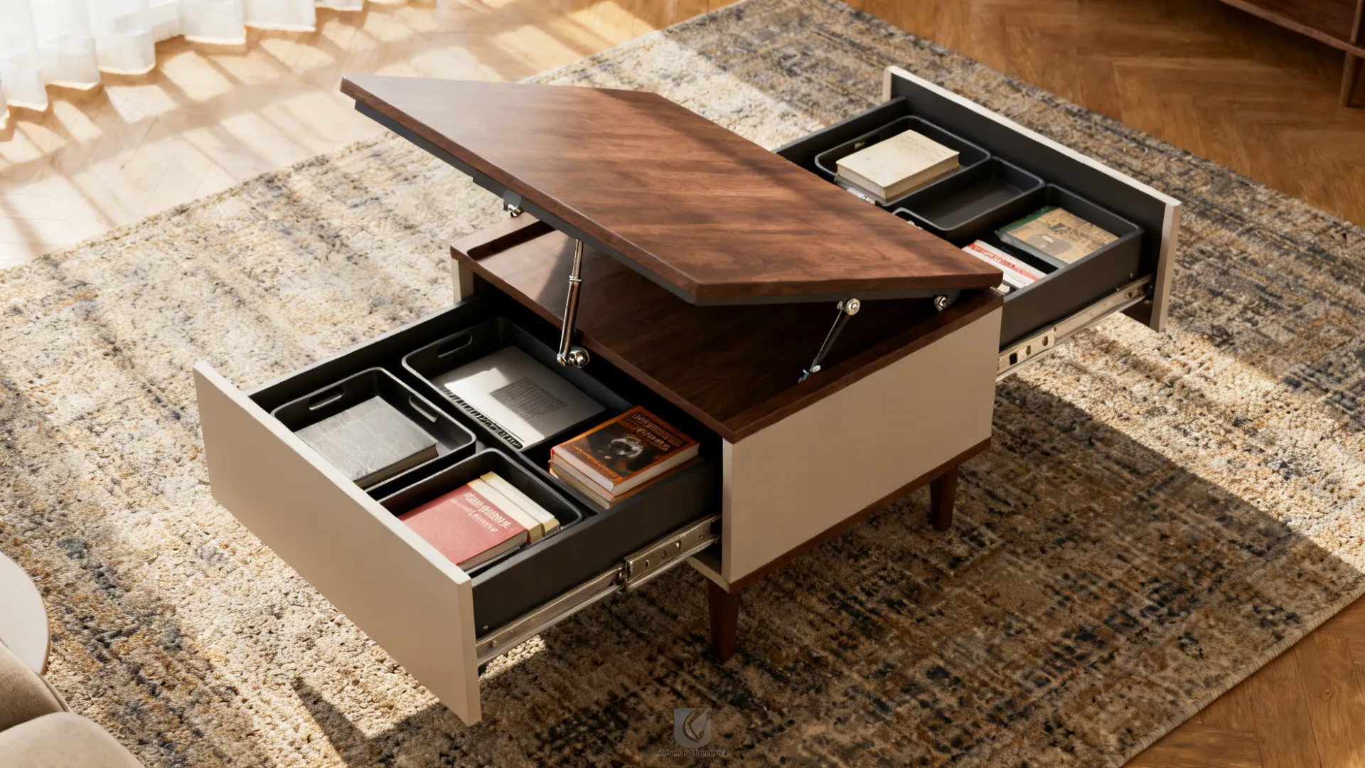 Multifunction lift-top coffee table shown lowered and lifted with storage compartments.